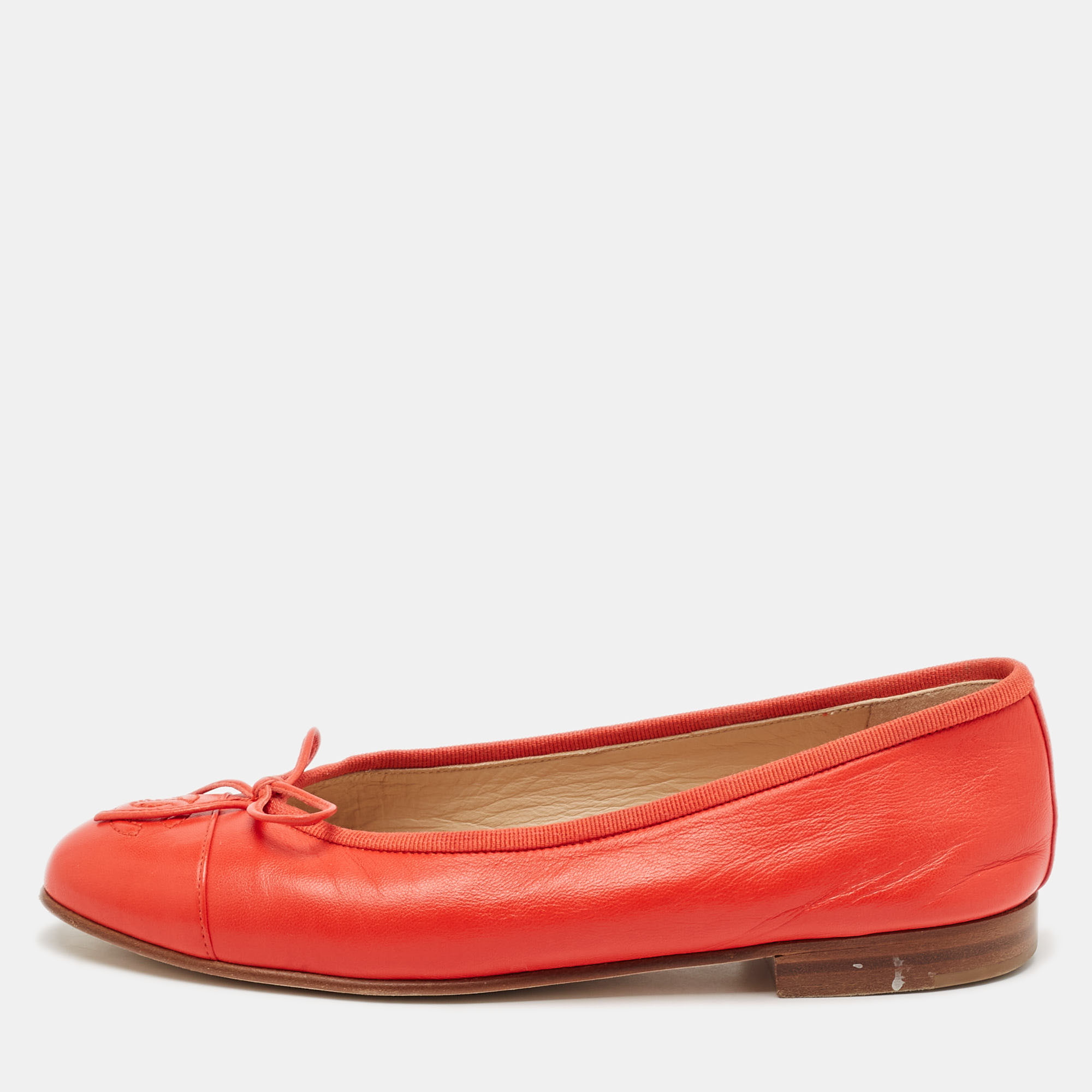 

Chanel Red Leather CC Cap Toe Bow Ballet Flats Size