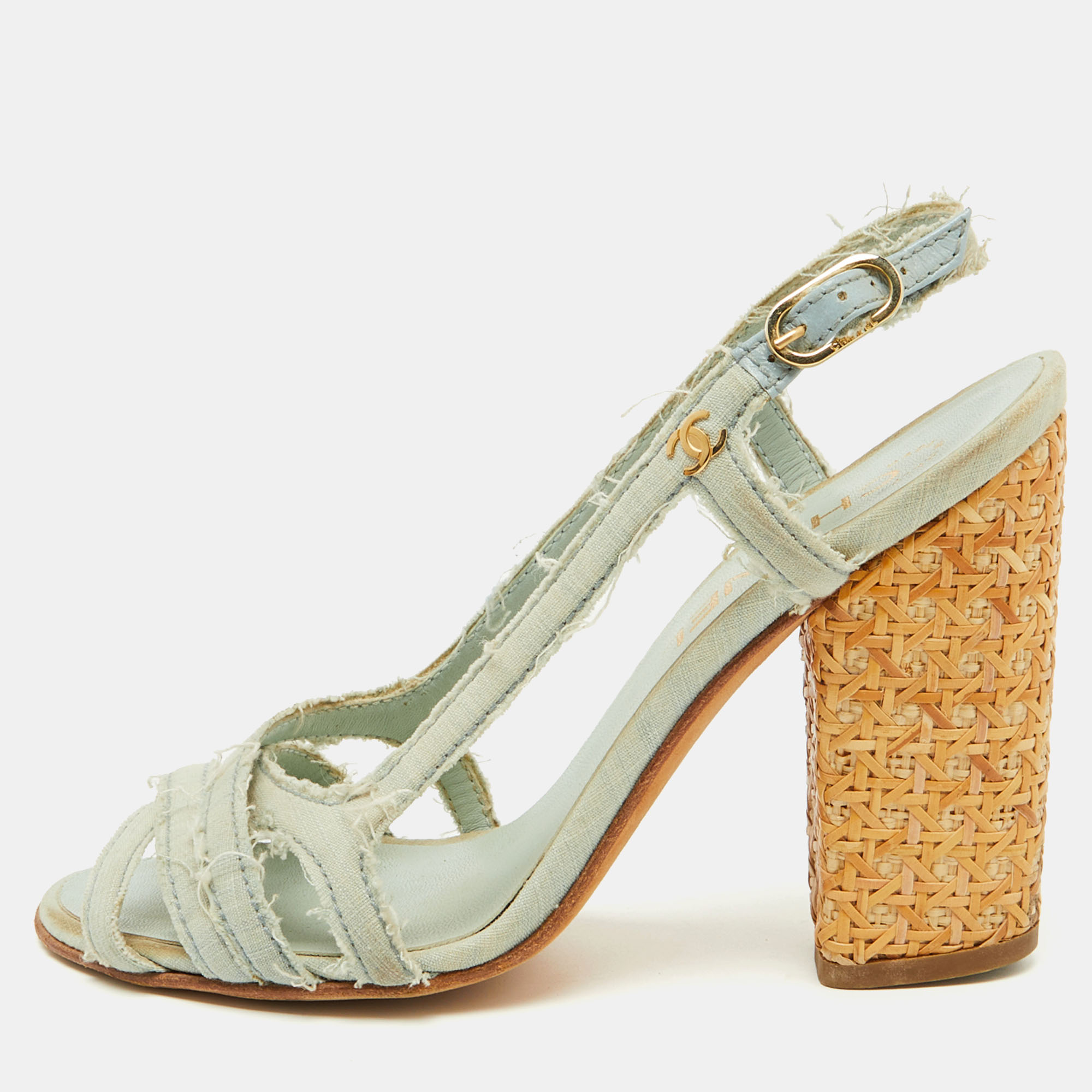 

Chanel Light Blue Canvas Strappy Block Heel Slingback Sandals Size