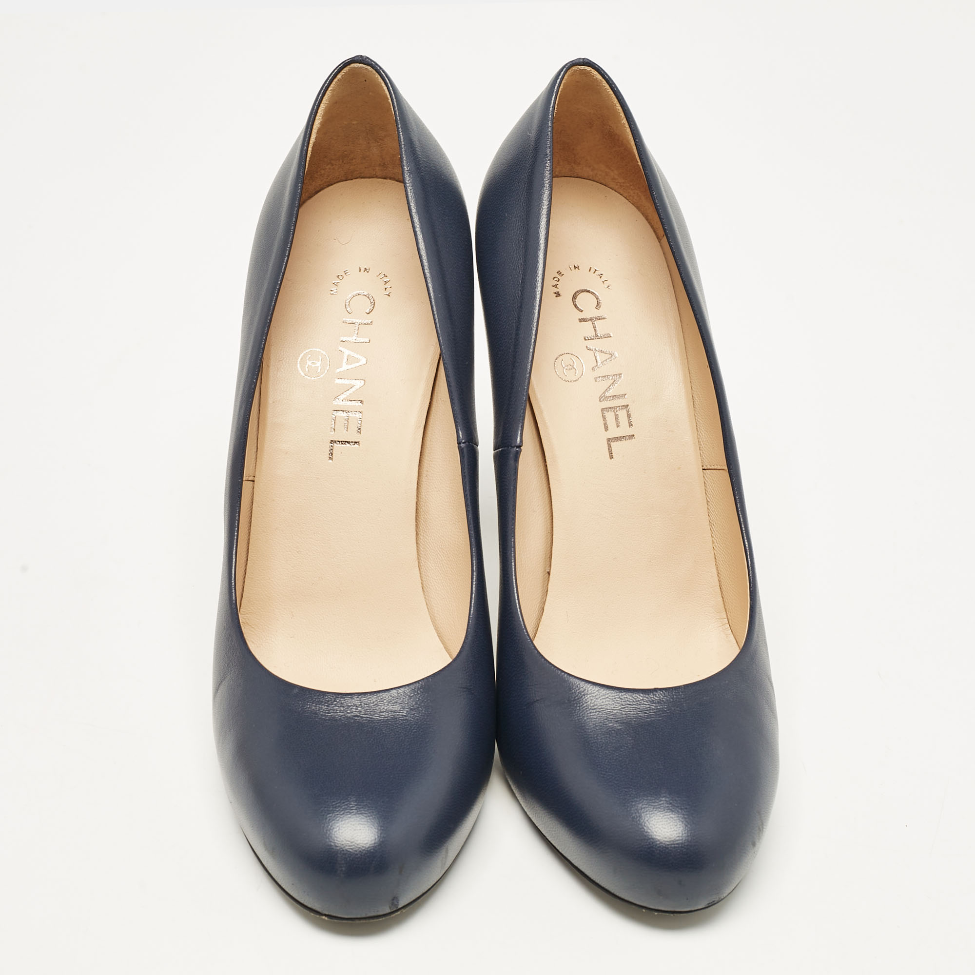 Chanel Navy Blue Leather Platform Pumps Size 39.5 