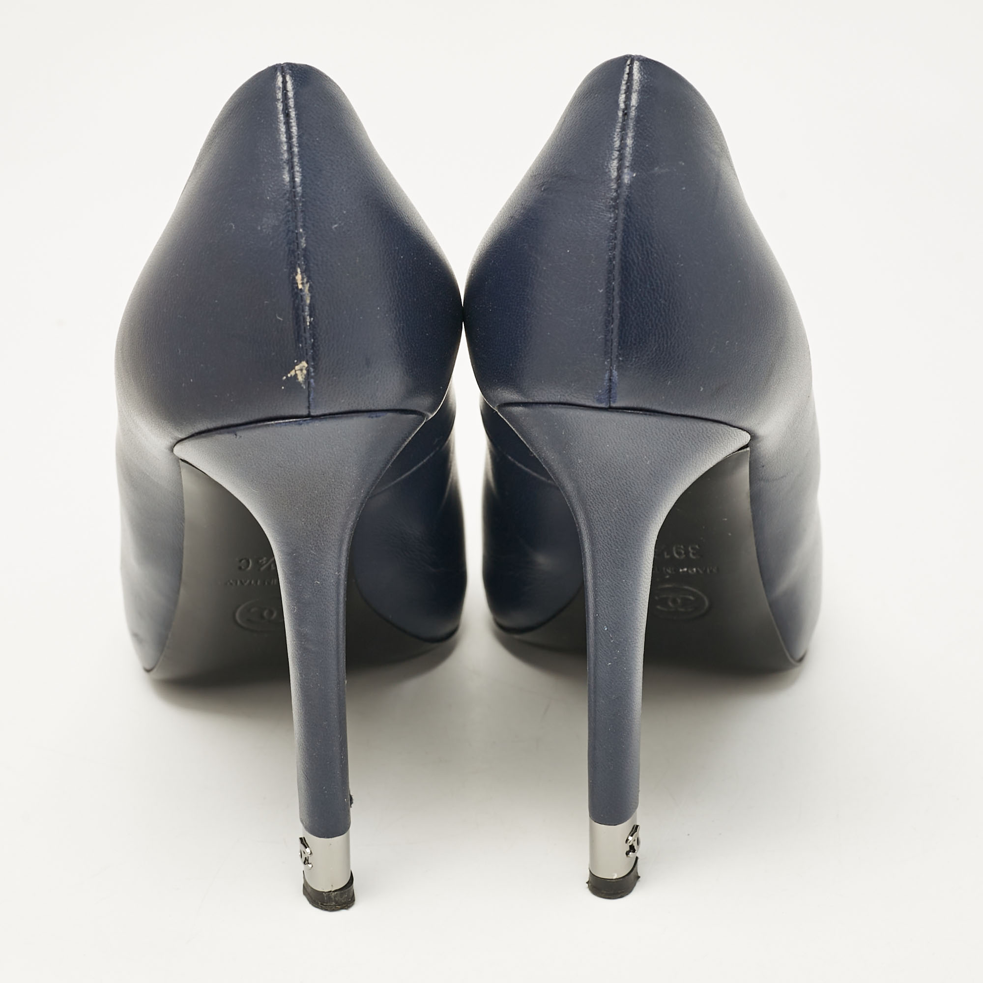 Chanel Navy Blue Leather Platform Pumps Size 39.5 