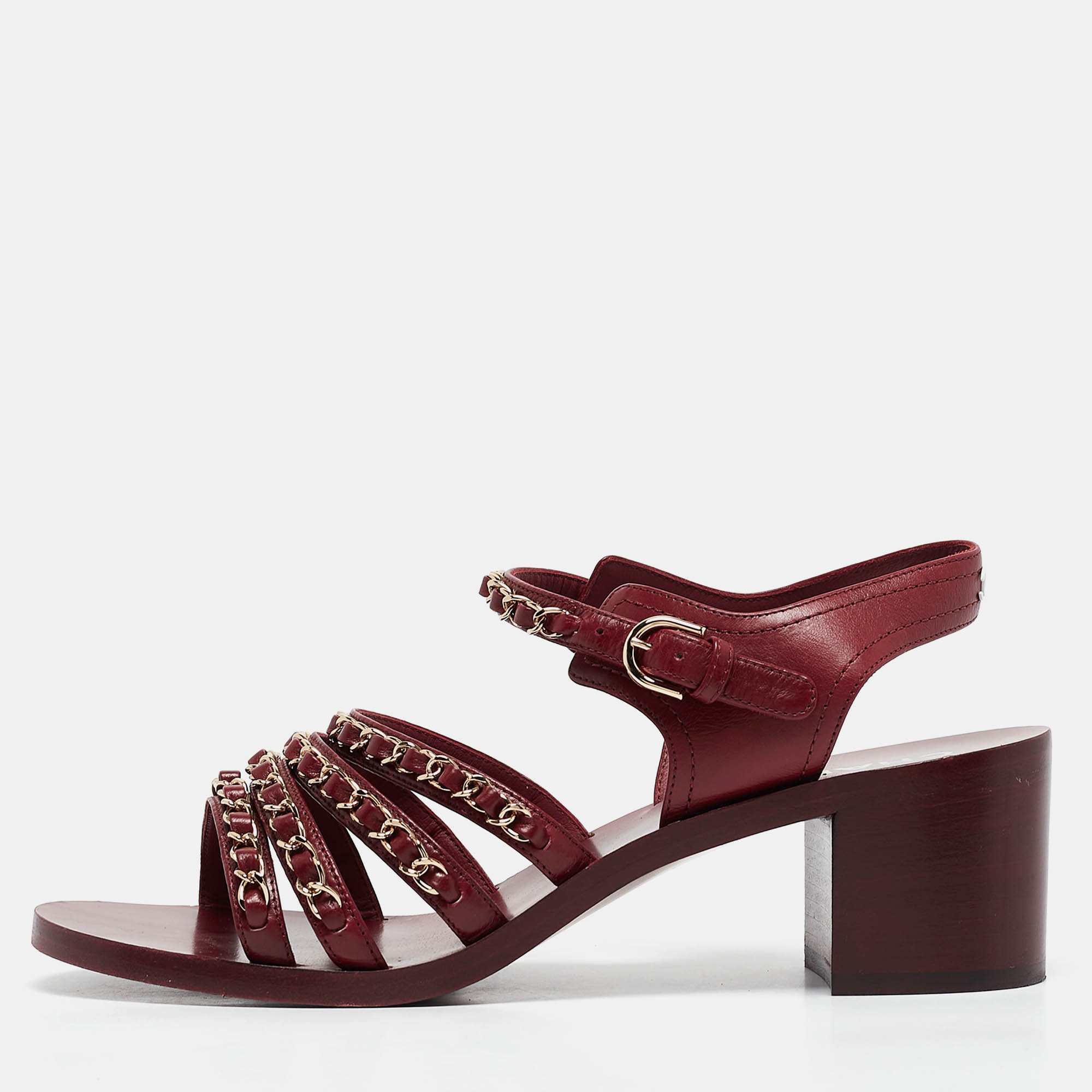 

Chanel Burgundy Leather CC Chain Detail Strappy Sandals Size