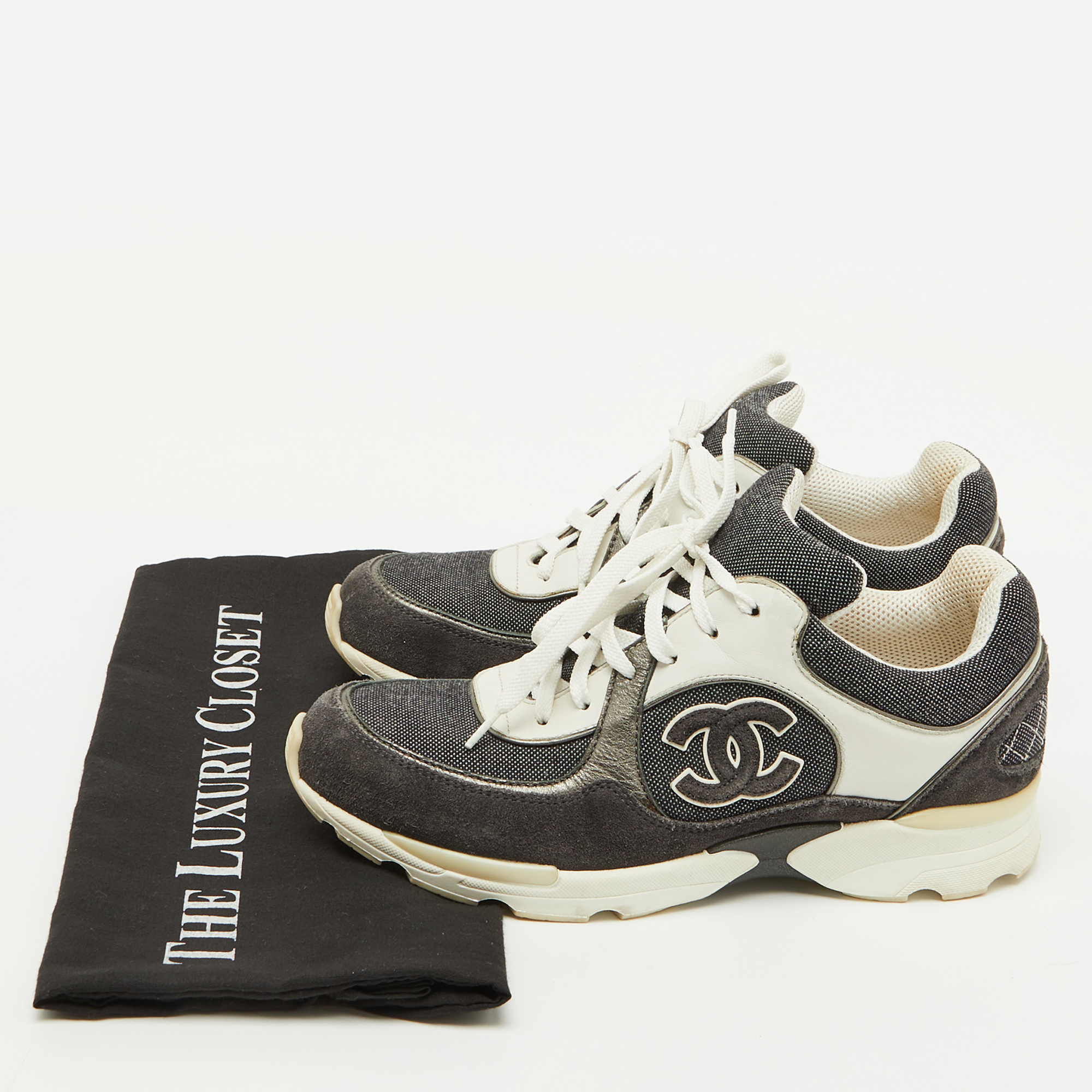 Chanel Grey/White Canvas and Suede CC Logo Lace Up Sneakers Size 38 