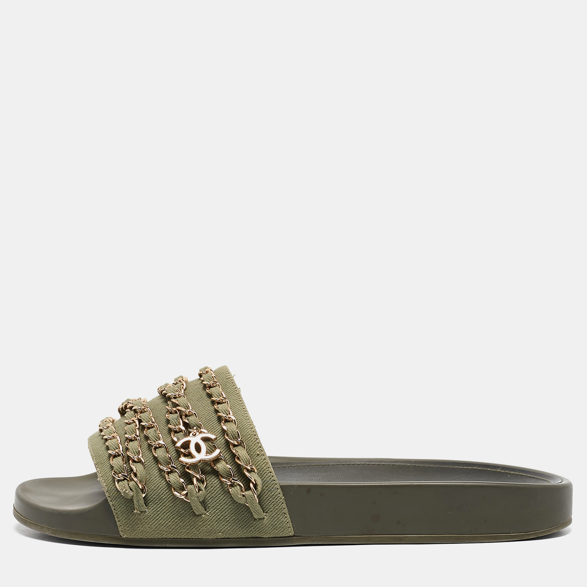 

Chanel Green Canvas Tropiconic Chain Detail Slides Size