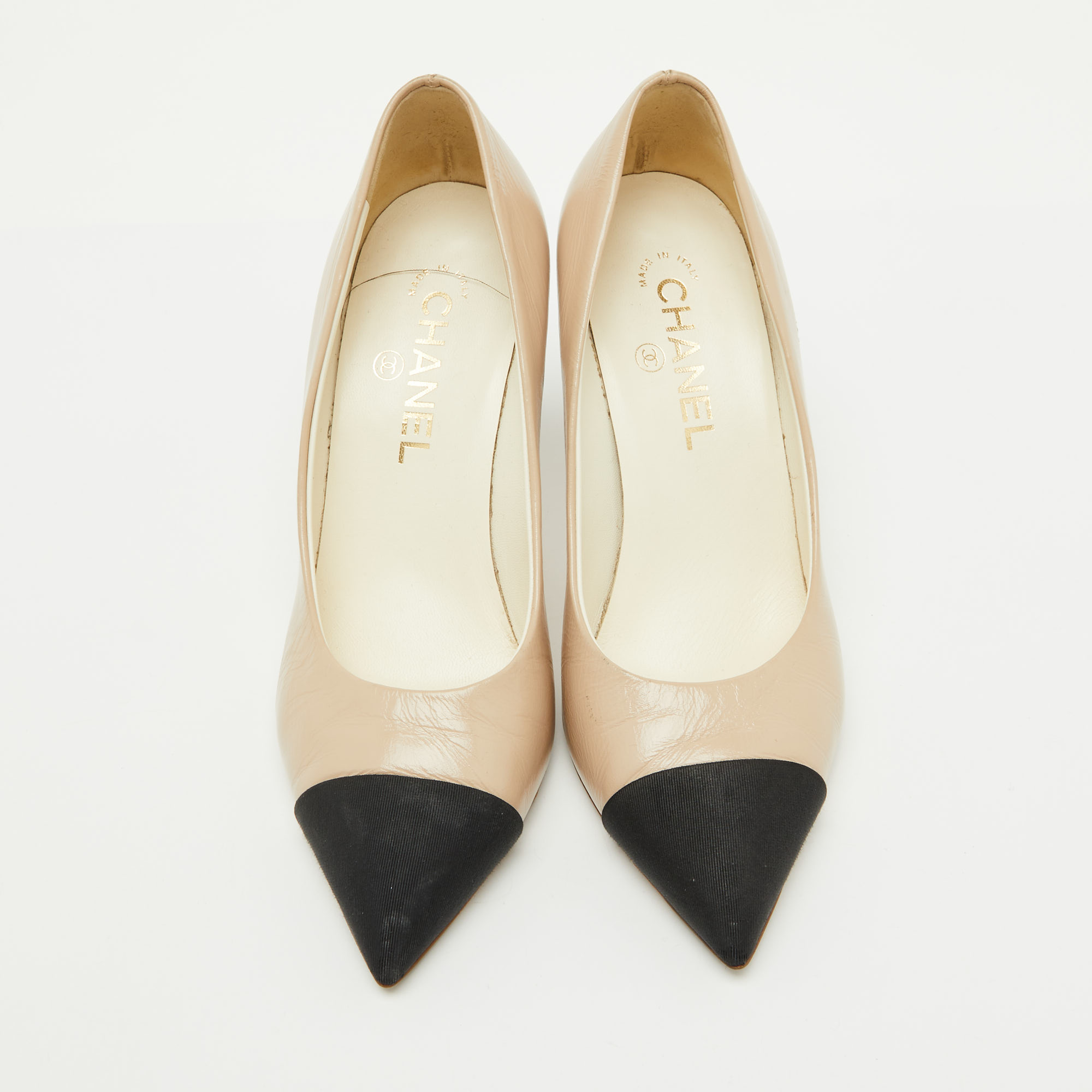 Chanel Beige/Black Leather and Canvas Faux Pearl Cap Toe Pumps Size 38 