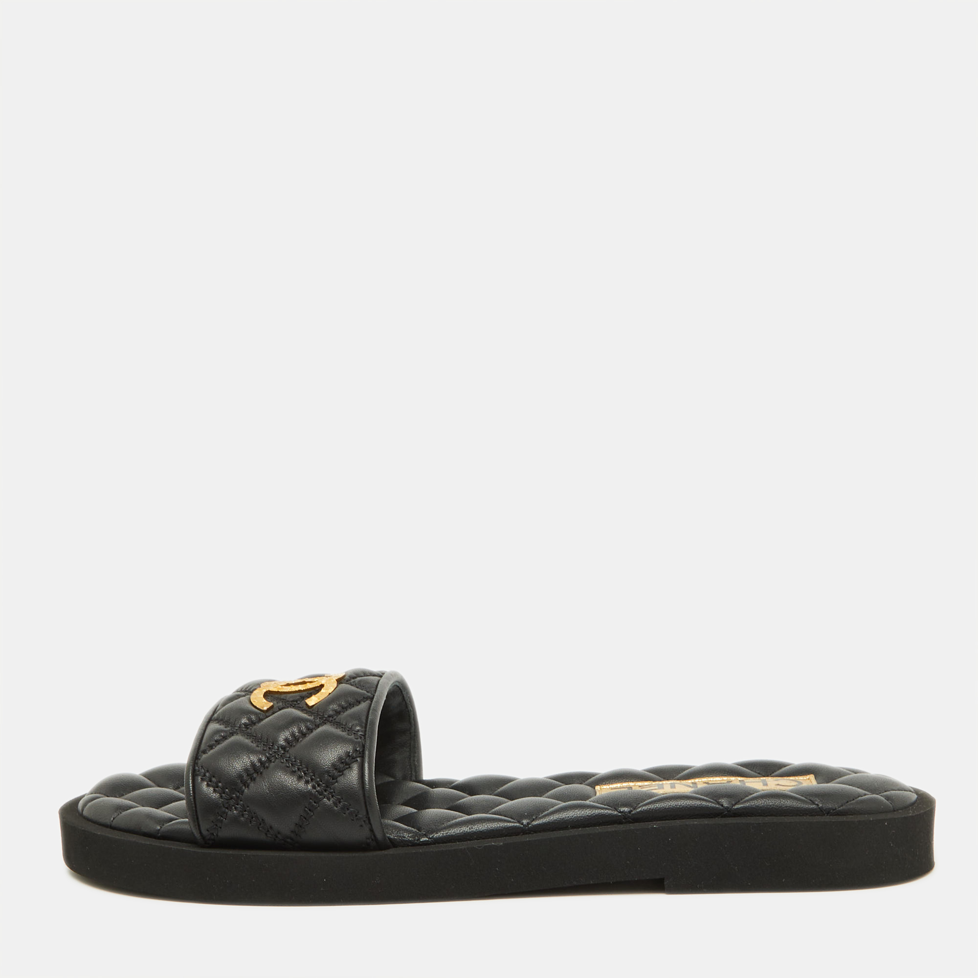 

Chanel Black Quilted Leather CC Logo Flat Slides Size