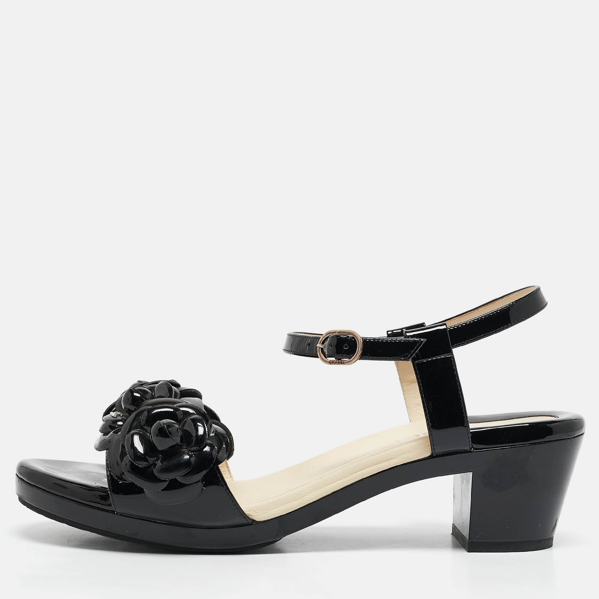 

Chanel Black Patent Leather Camellia Accent Ankle Strap Sandals Size