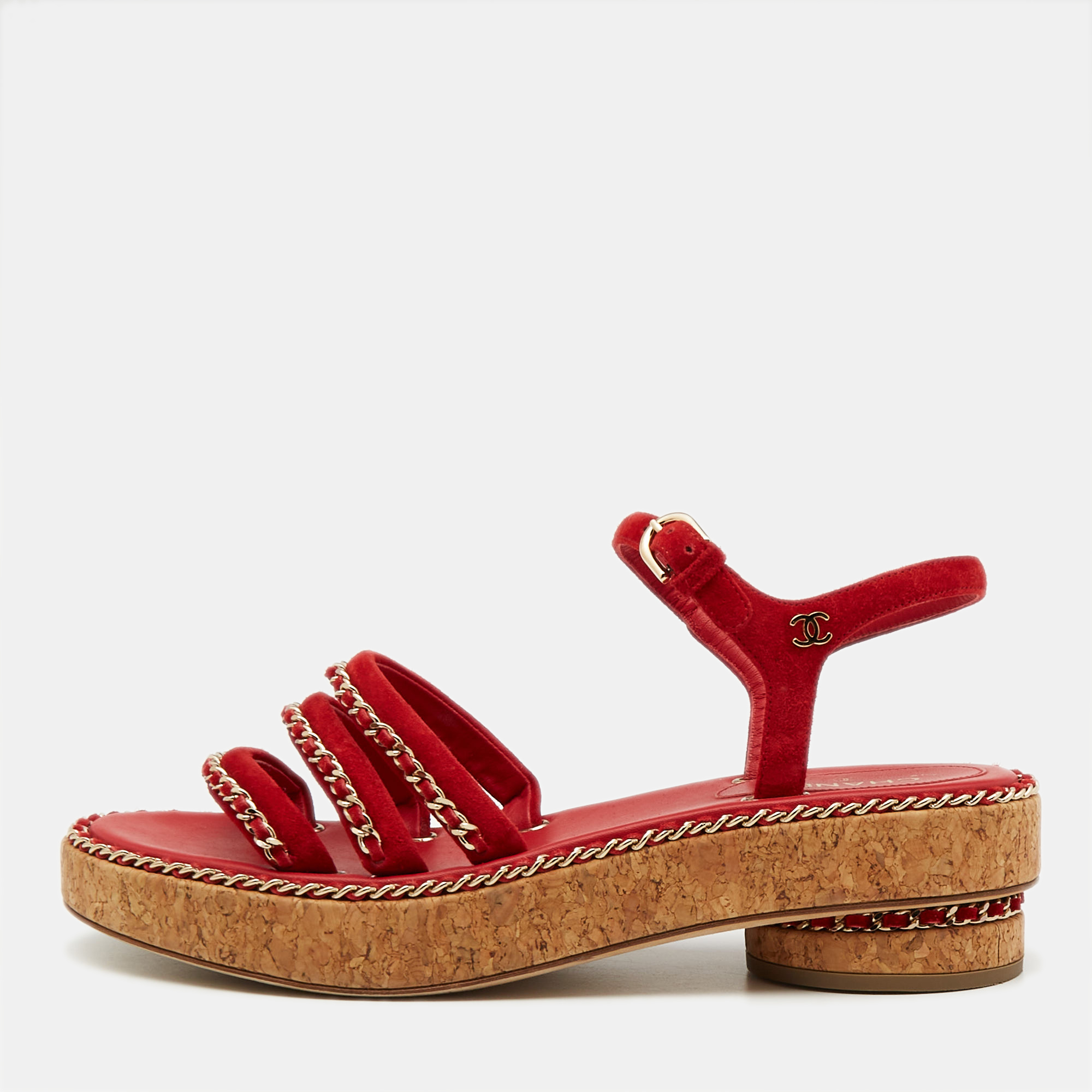 

Chanel Red Suede Chain Detail Ankle Strap Sandals Size