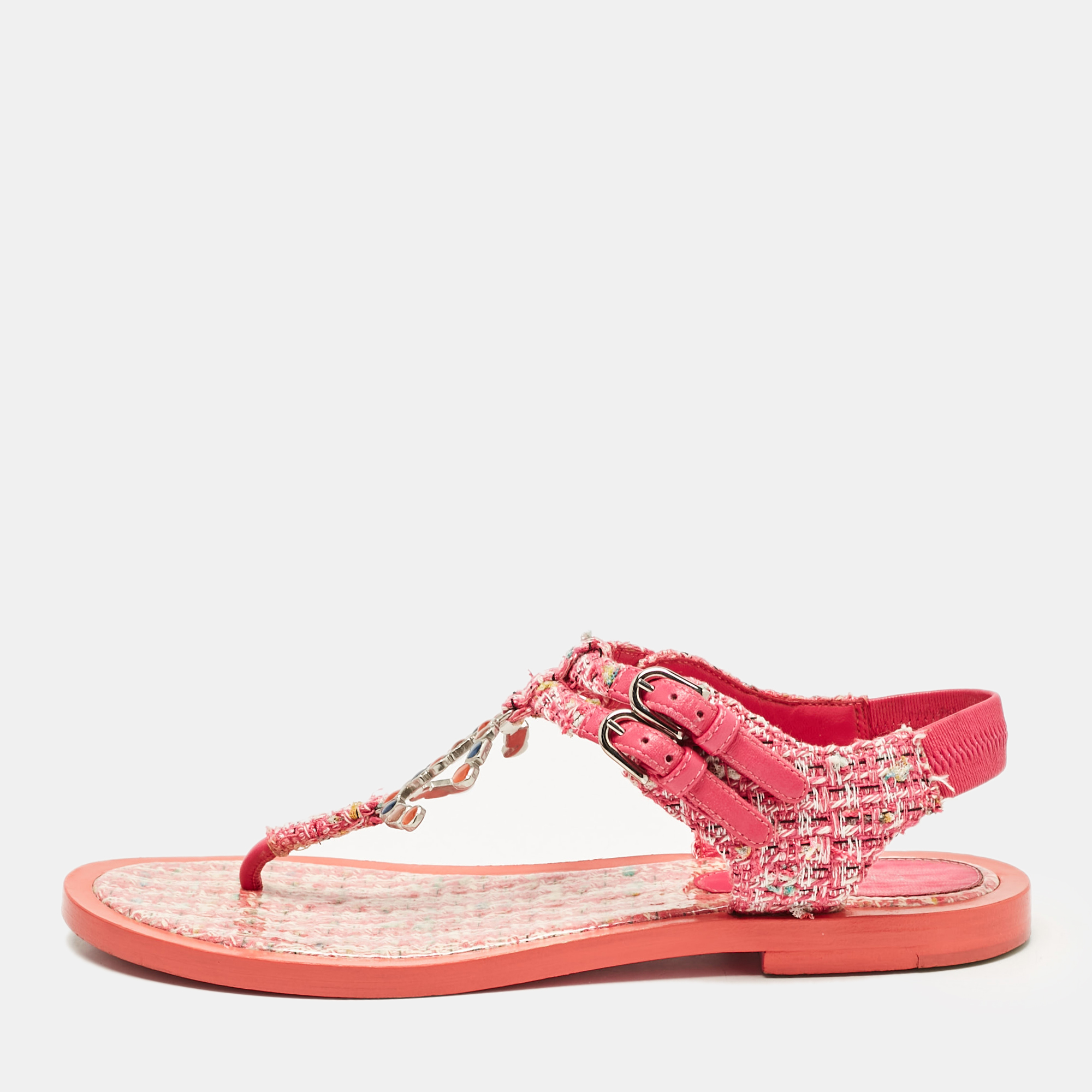 

Chanel Pink Tweed Embellished CC Thong Flat Sandals Size