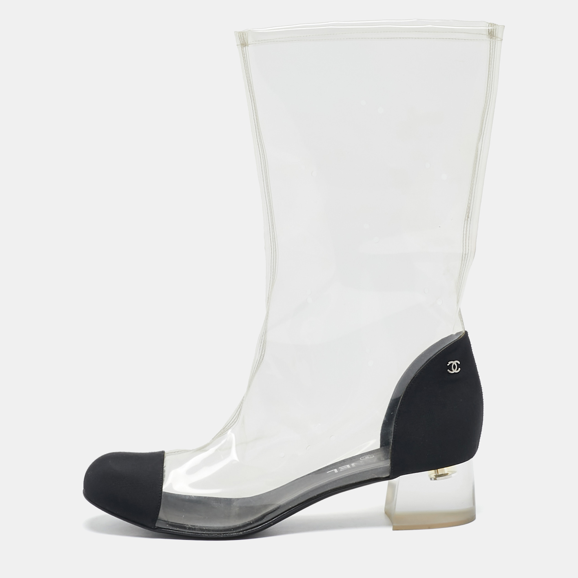 

Chanel Black/Transparent Fabric and PVC CC Calf Length Boots Size