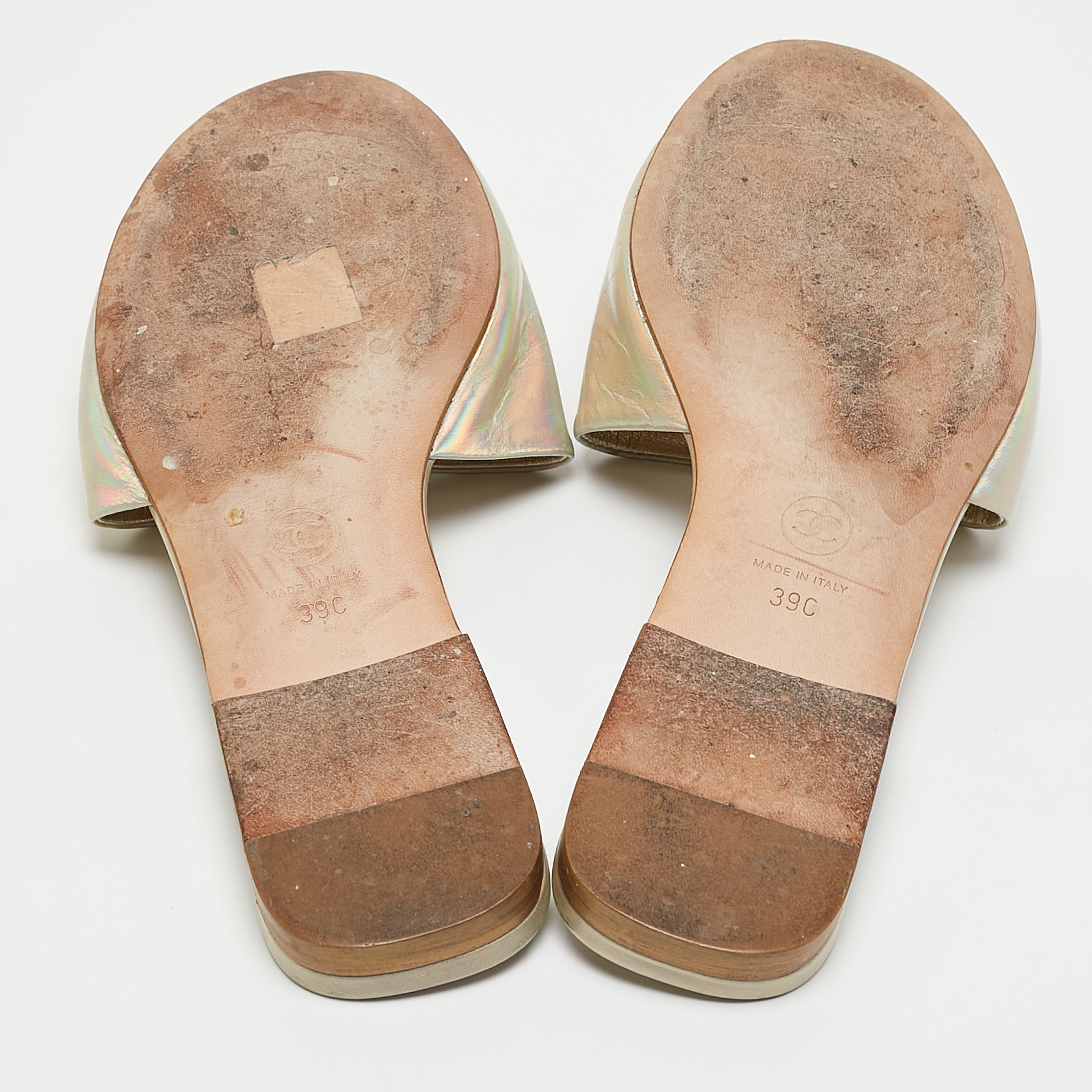 Chanel Iridescent Leather CC Pear Embellished Flat Slides Size 39 