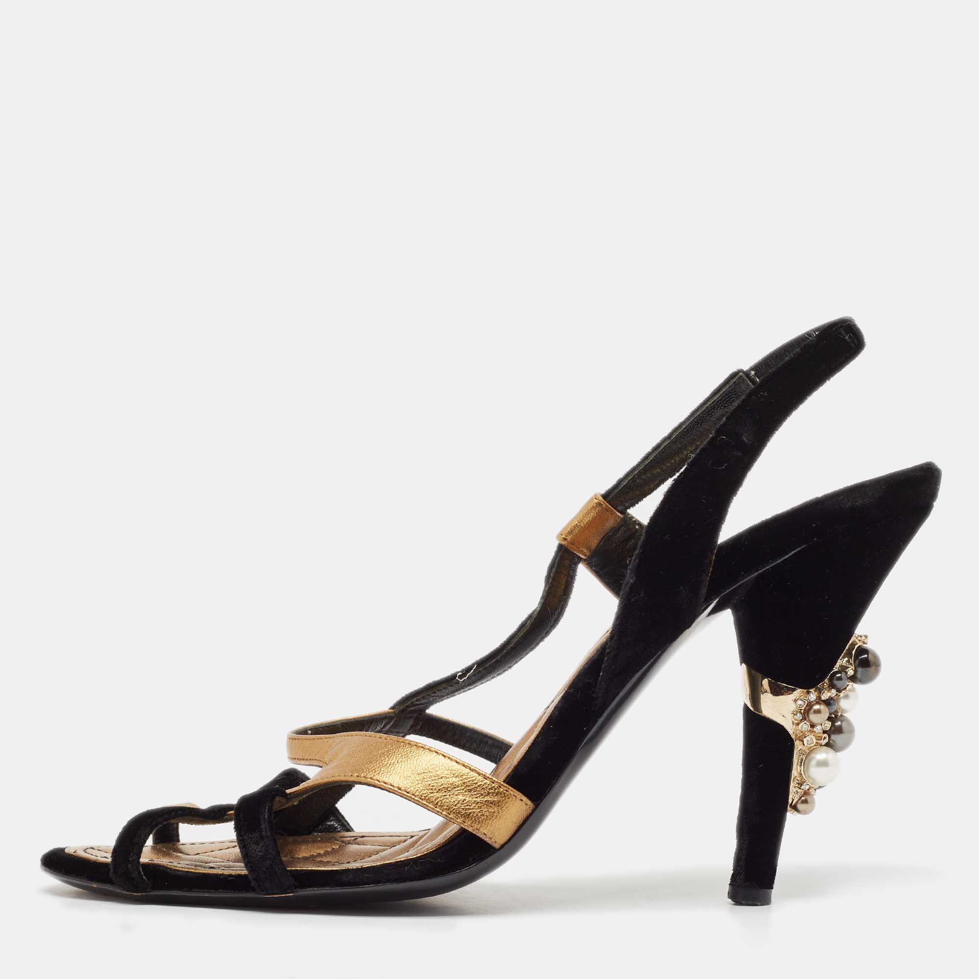 

Chanel Black/Gold Leather and Velvet Slingback Sandals Size