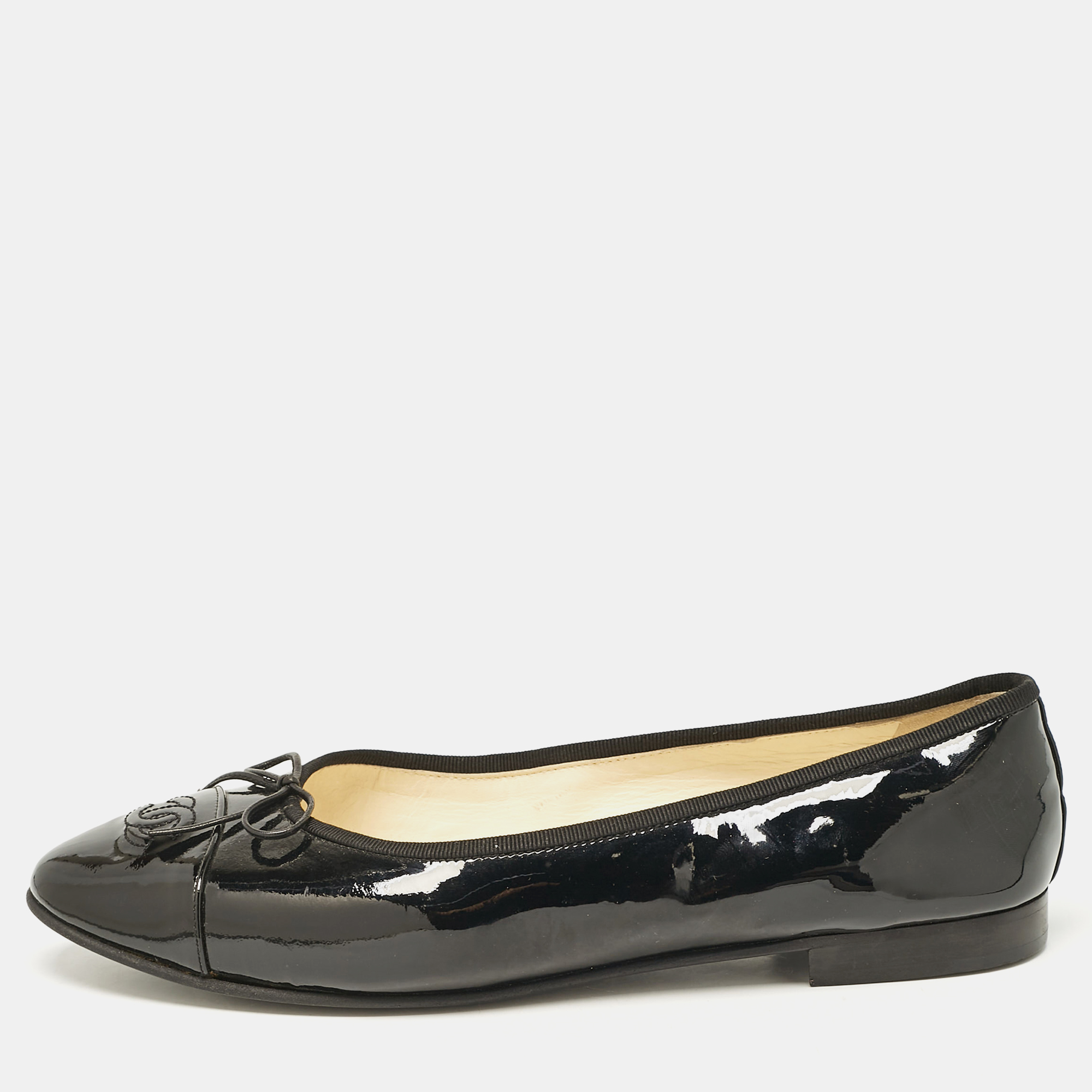 

Chanel Black Patent CC Cap Toe Bow Ballet Flats Size