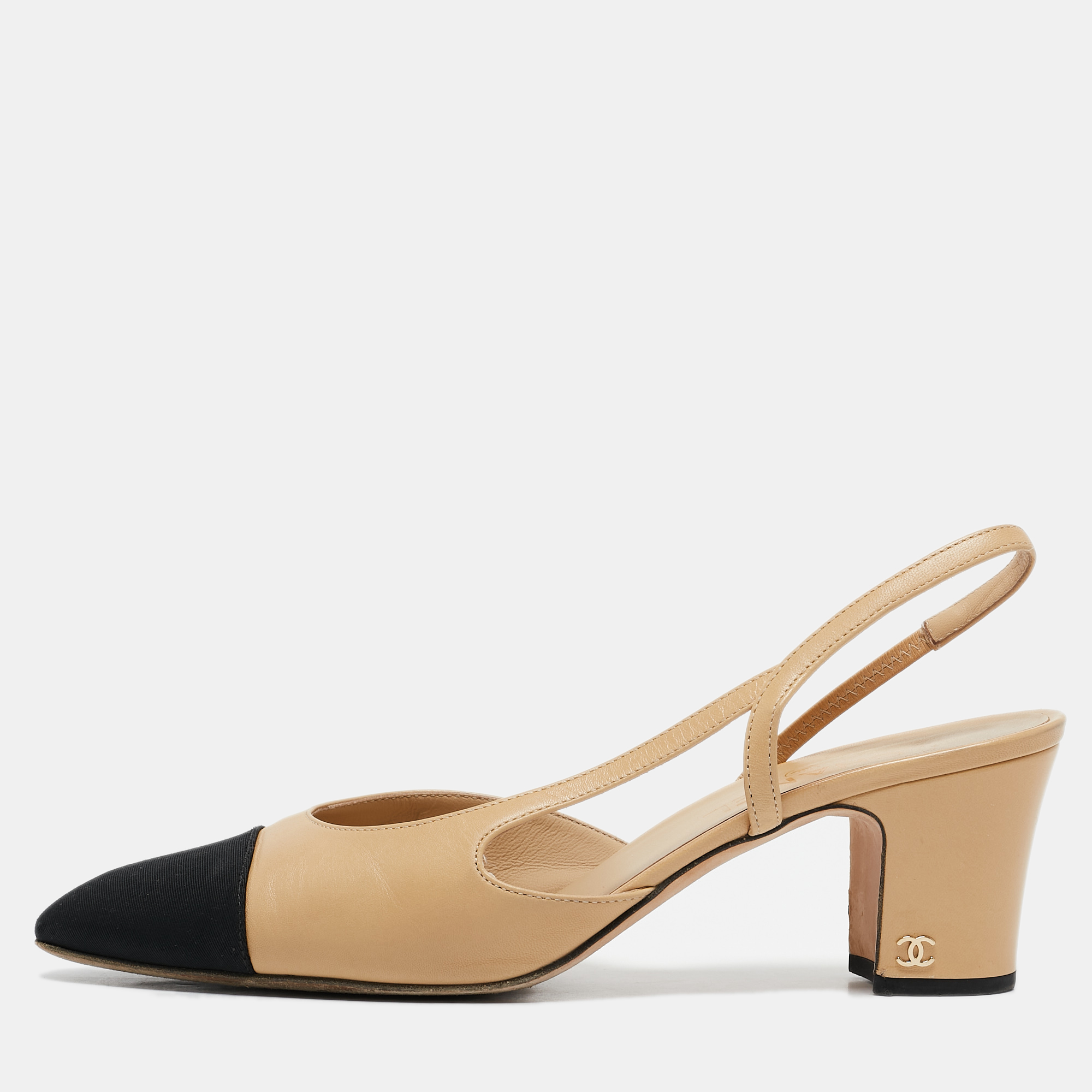 

Chanel Beige/Black Fabric and Leather CC Slingback Pumps Size