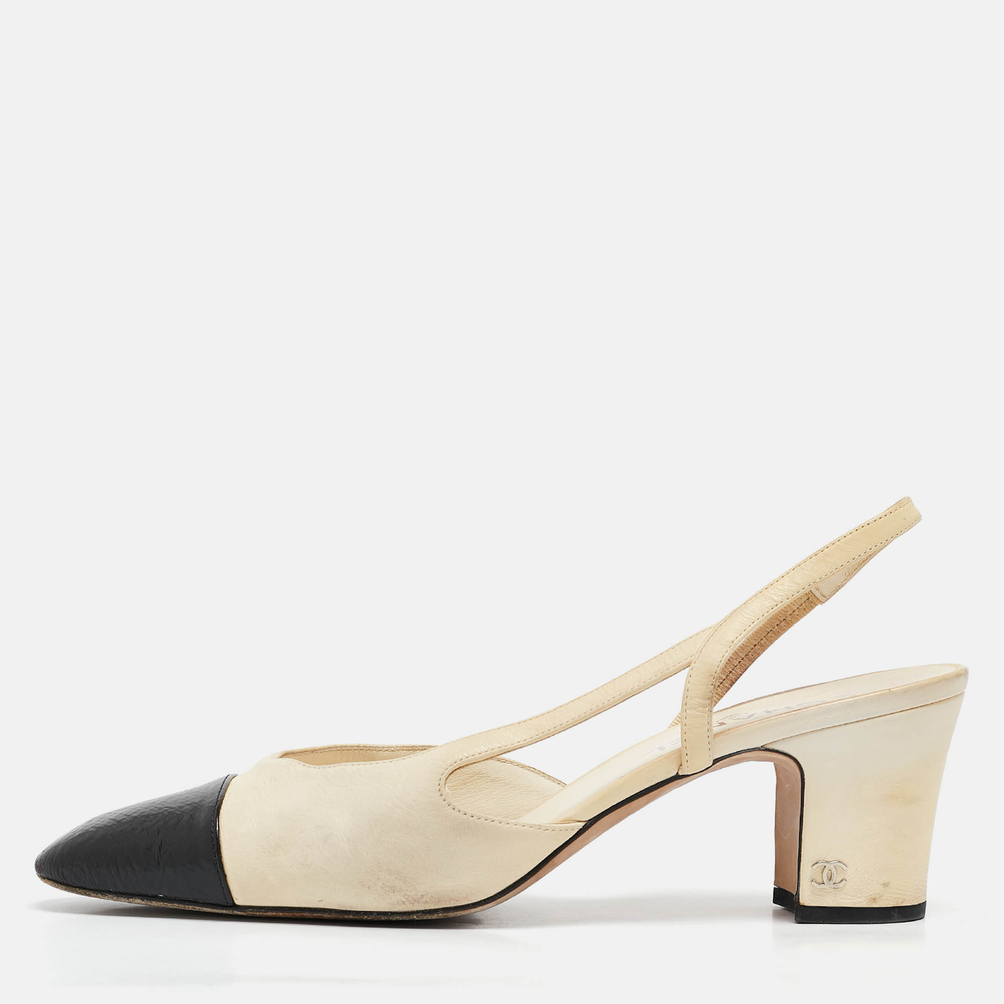 

Chanel White/Black Leather Cap Toe Slingback Pumps Size