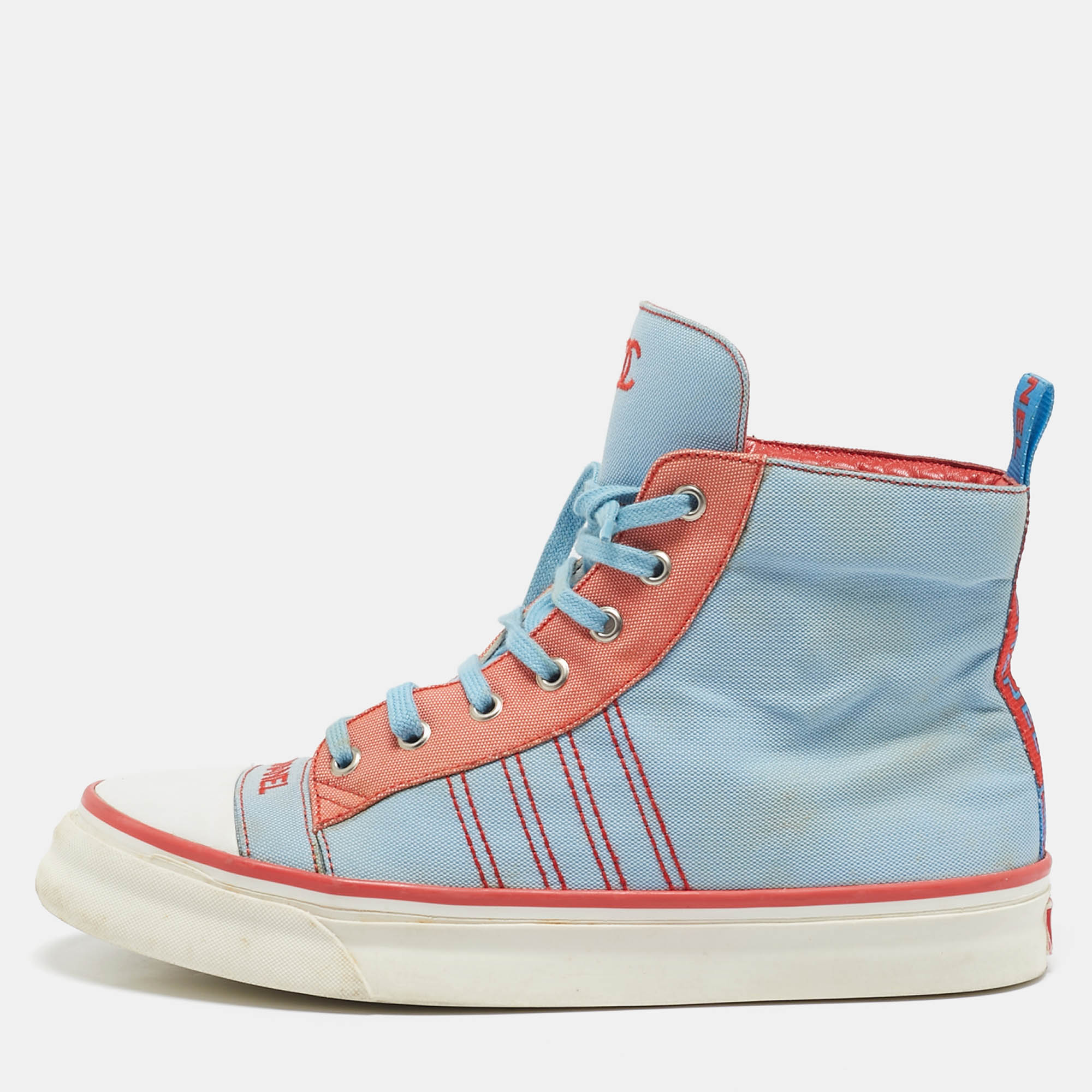 

Chanel Blue/Red Denim High Top Sneakers Size