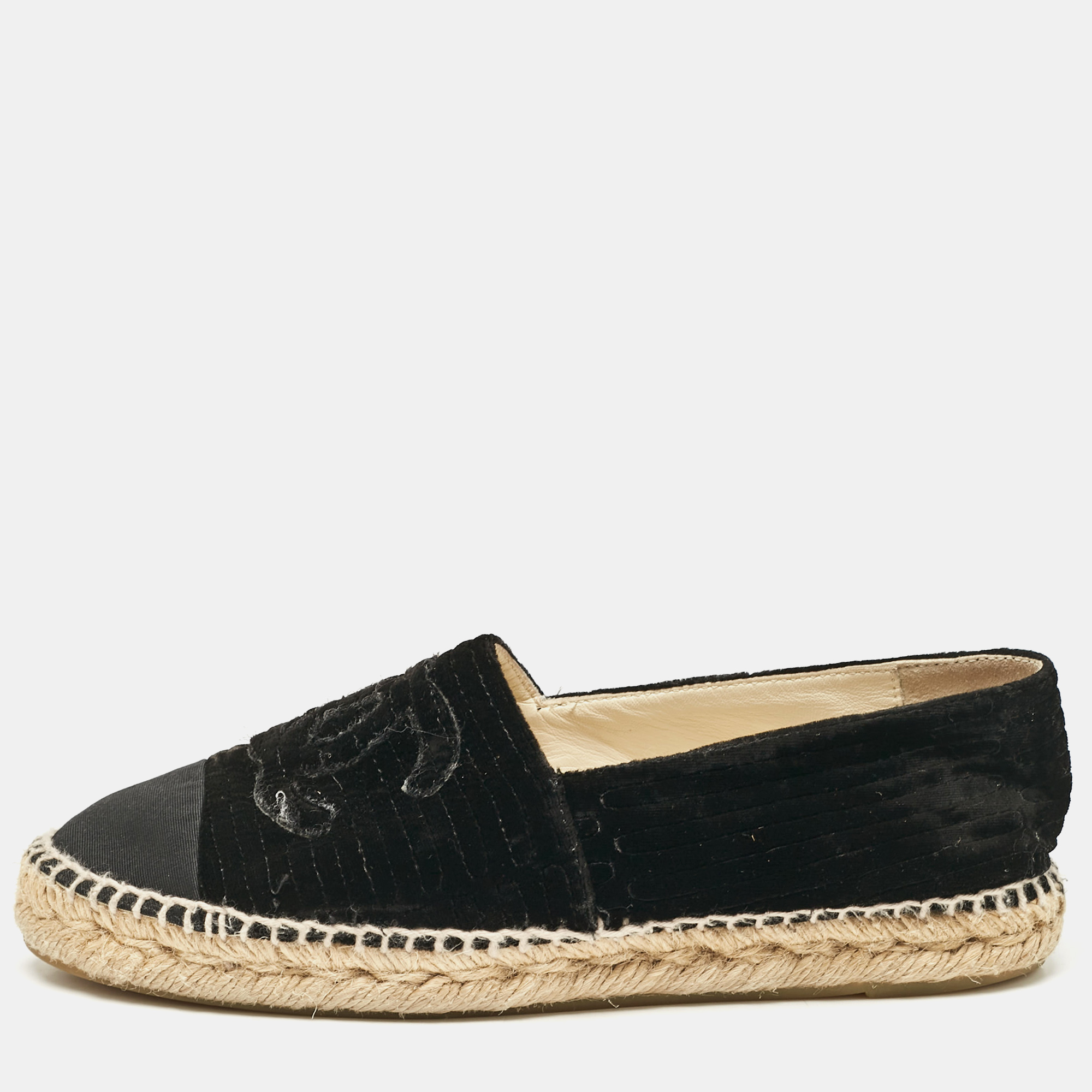 

Chanel Black Velvet and Canvas Cap Toe CC Espadrille Flats Size