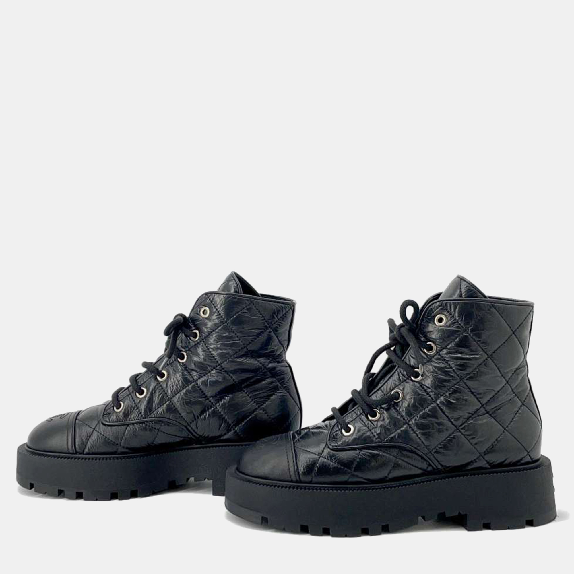 

Chanel Black Matelasse Lambskin Combat Boots 38C