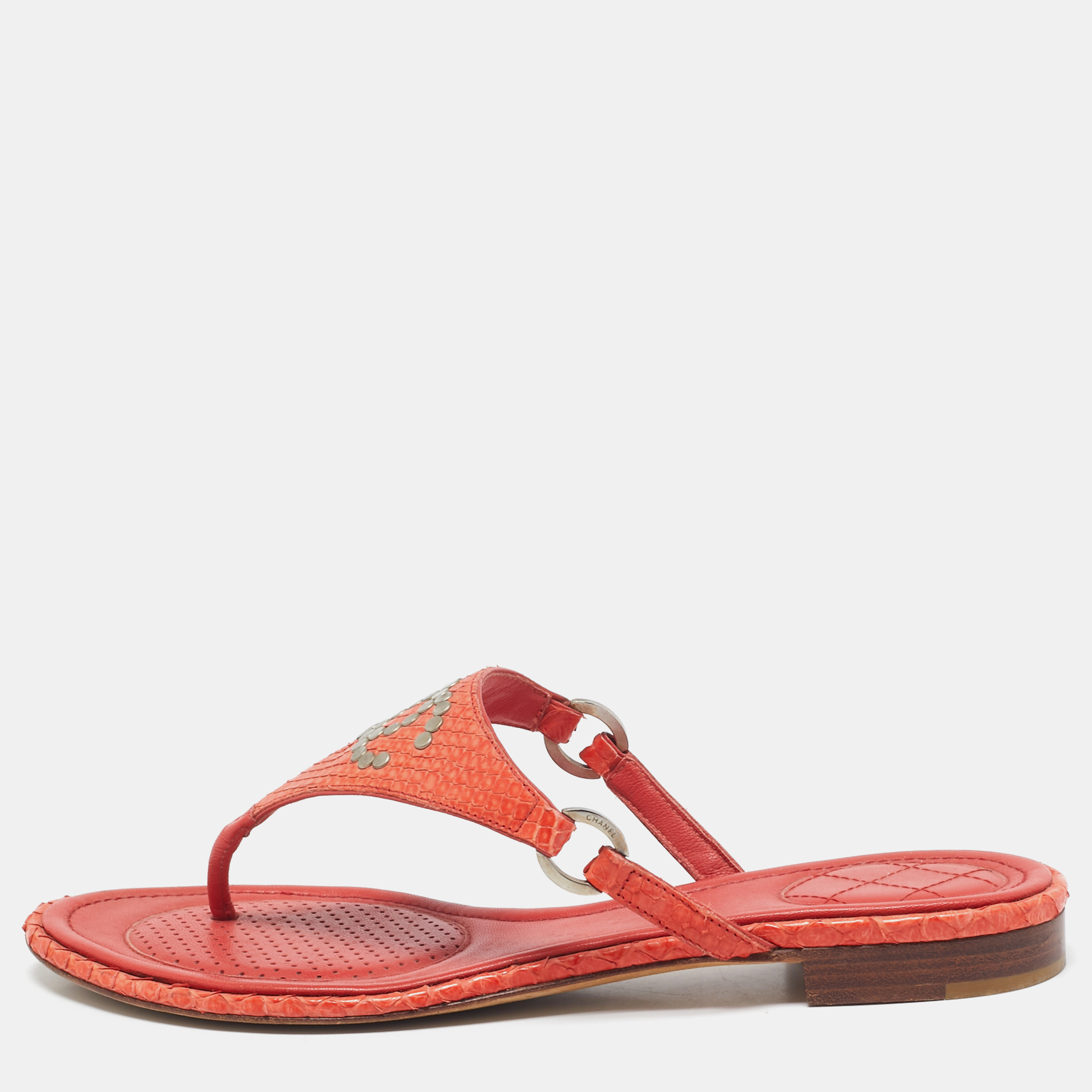 

Chanel Orange Python Leather CC Thong Flat Slides Size