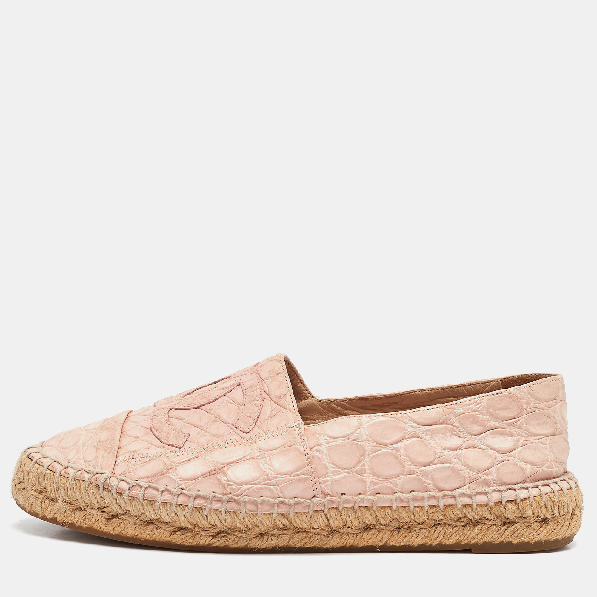 

Chanel Pink Crocodile Leather CC Espadrille Flats Size