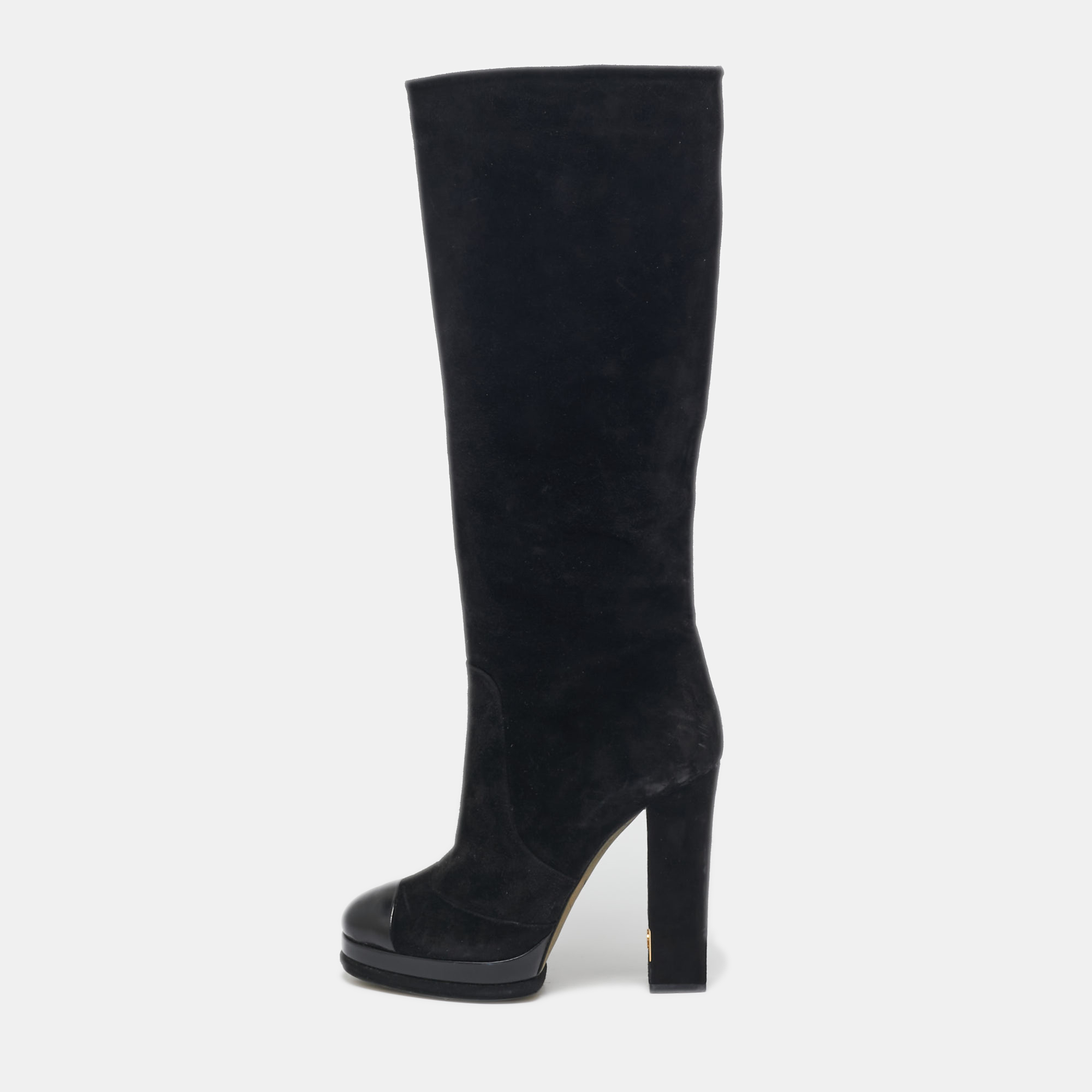 

Chanel Black Suede Cap Toe Platform Knee Length Boots Size