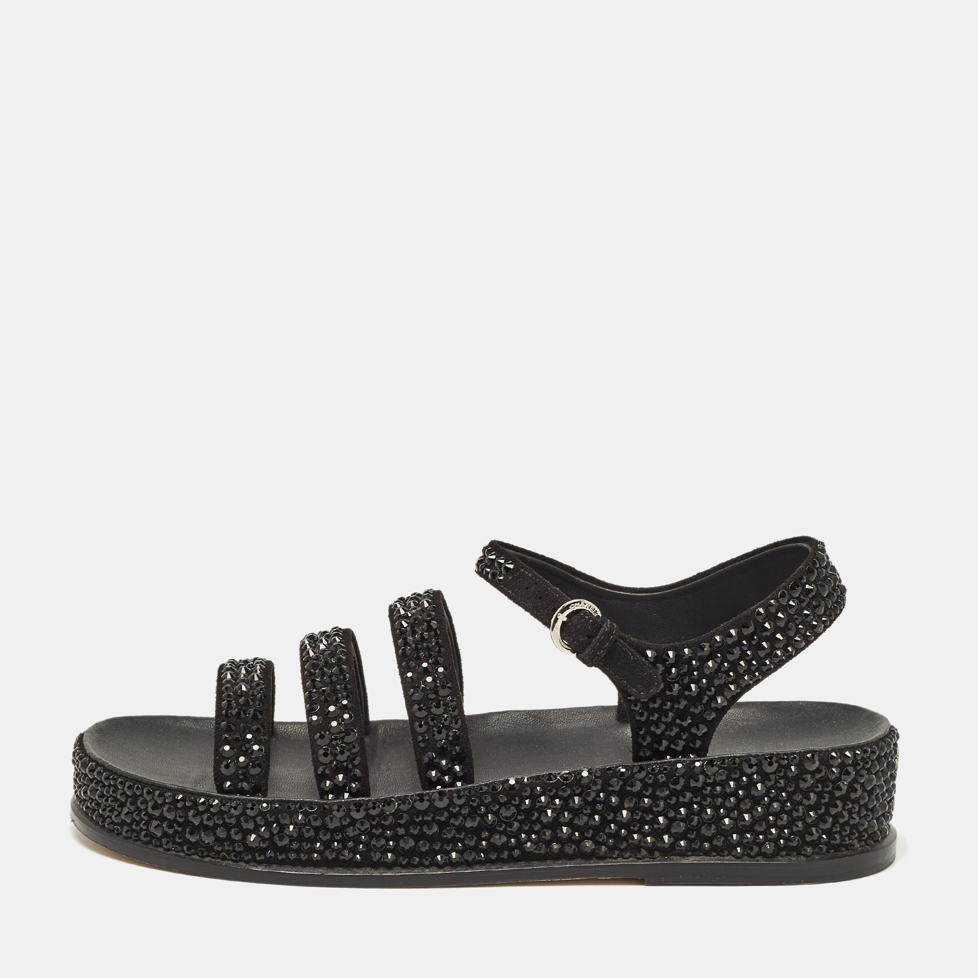 

Chanel Black Suede Crystals Embellished Flat Sandals Size