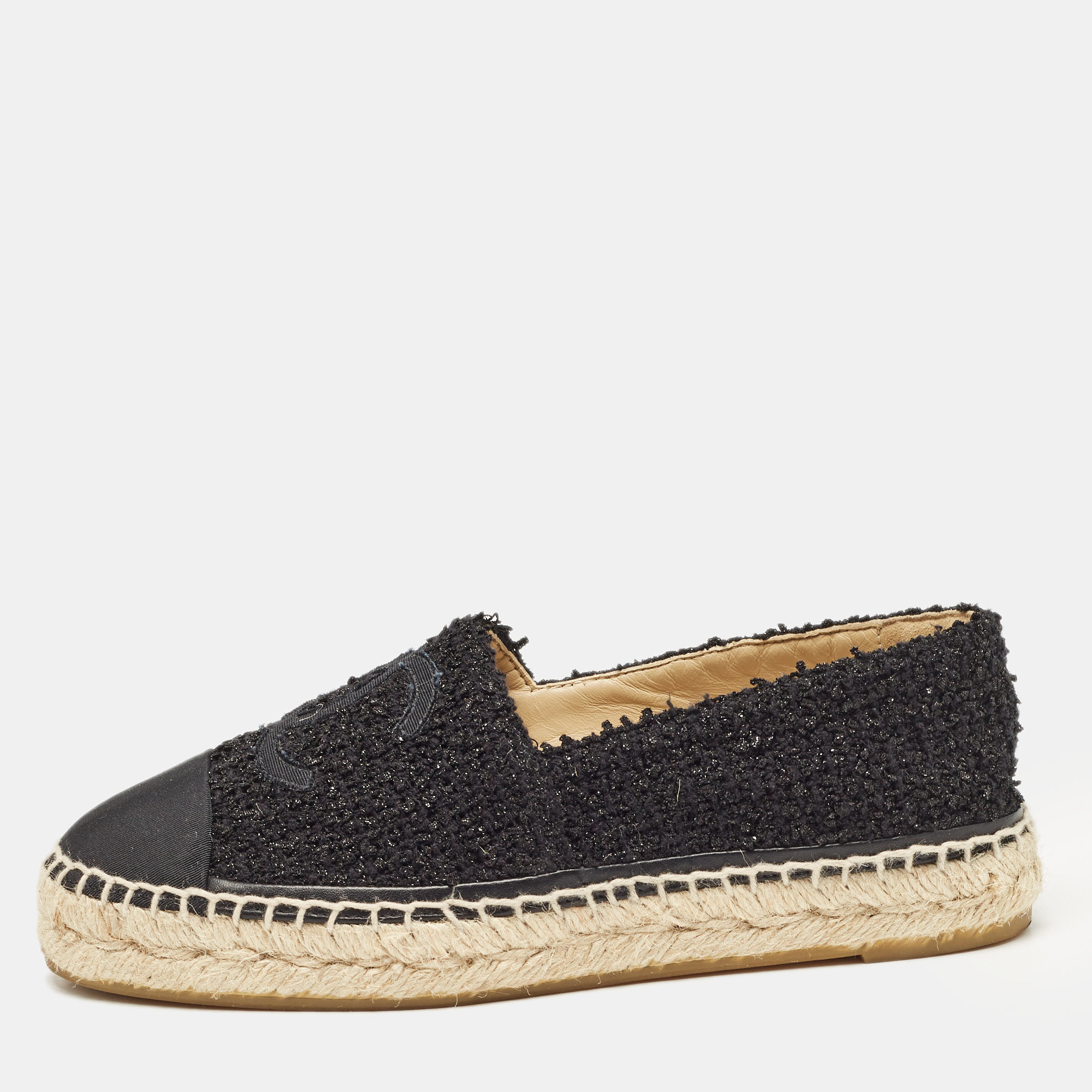 

Chanel Black Canvas and Tweed Interlocking CC Logo Espadrille Flats Size