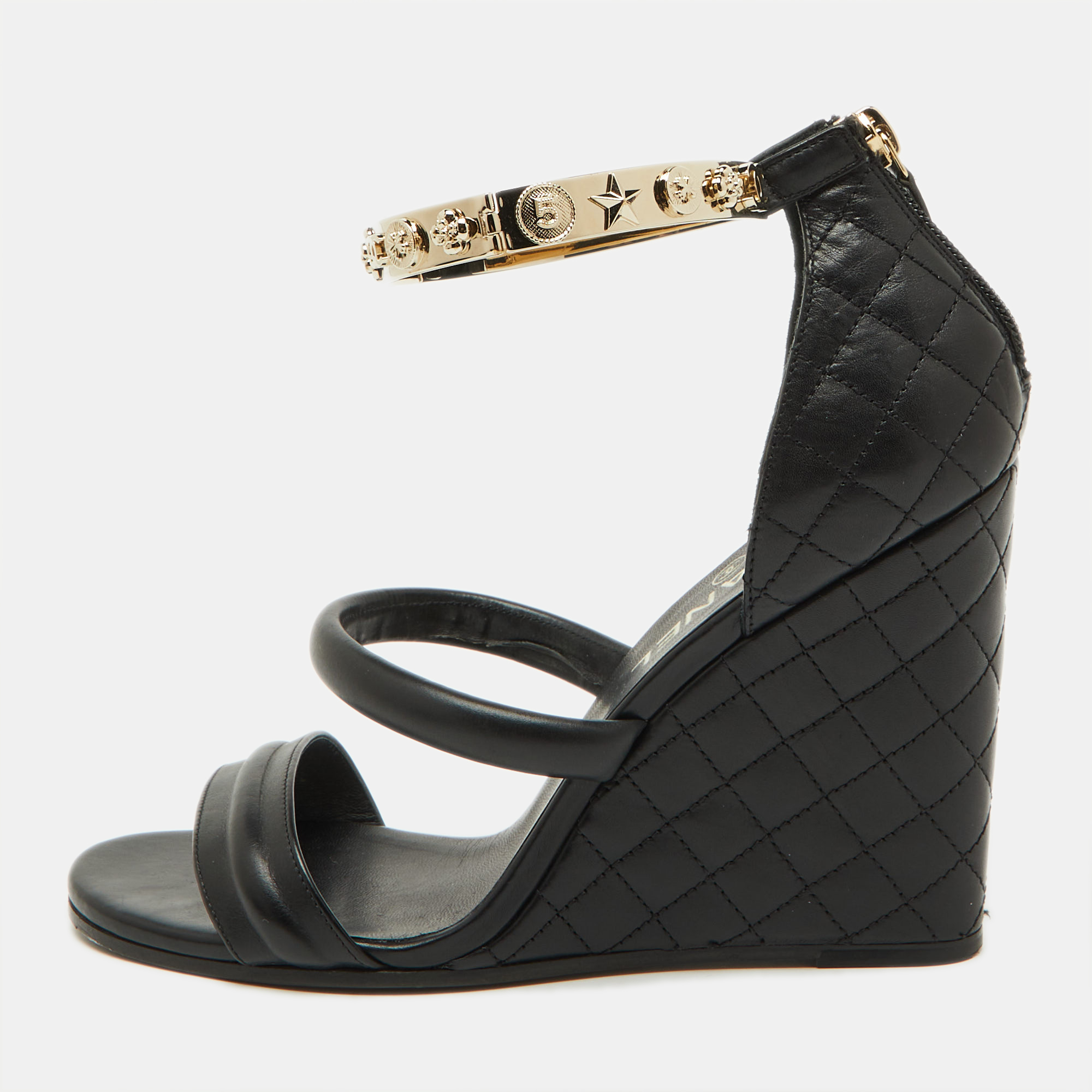 

Chanel Black Leather Charm Embellished Ankle Cuff Wedge Sandals Size