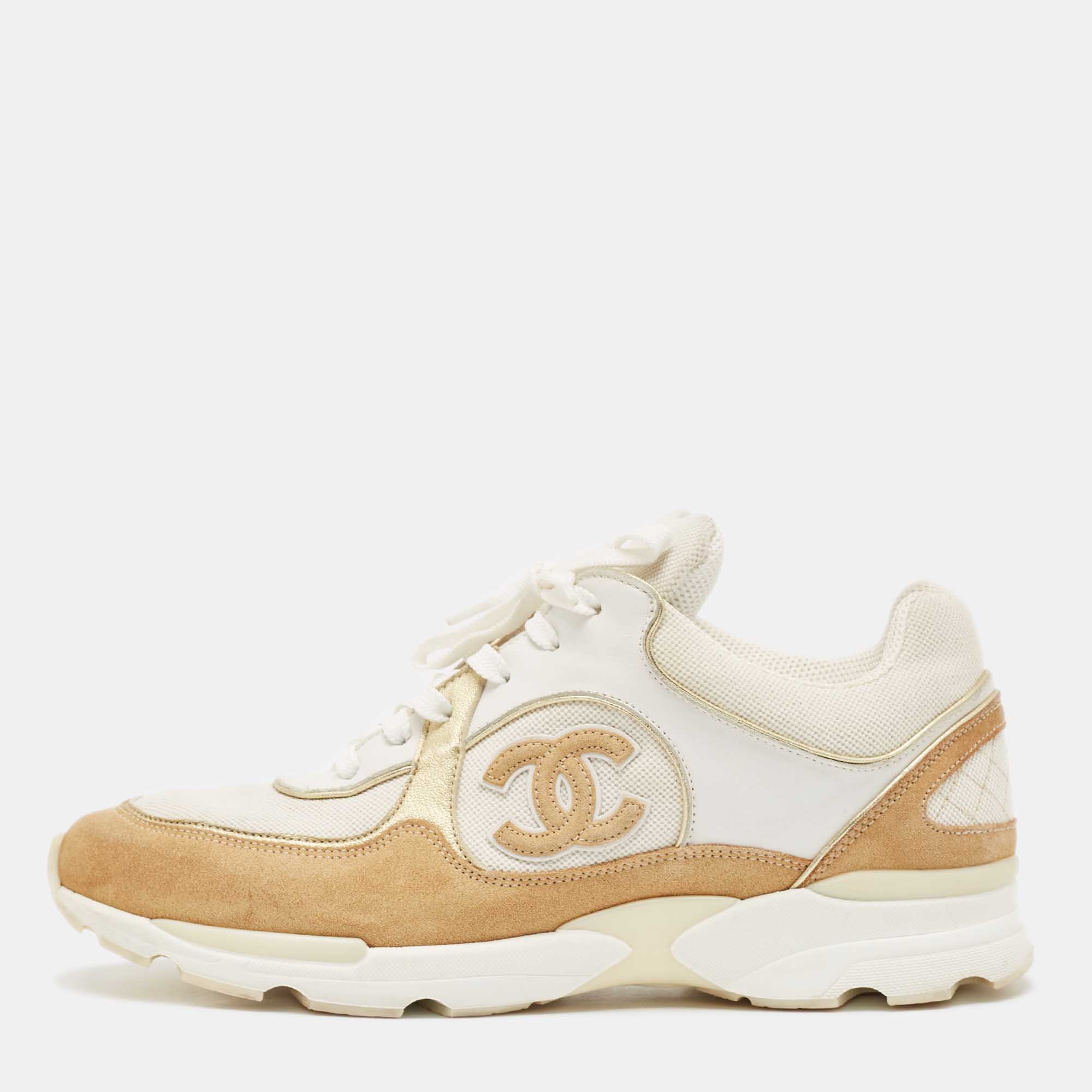 

Chanel White/Beige Mesh And Suede CC Low Top Sneakers Size