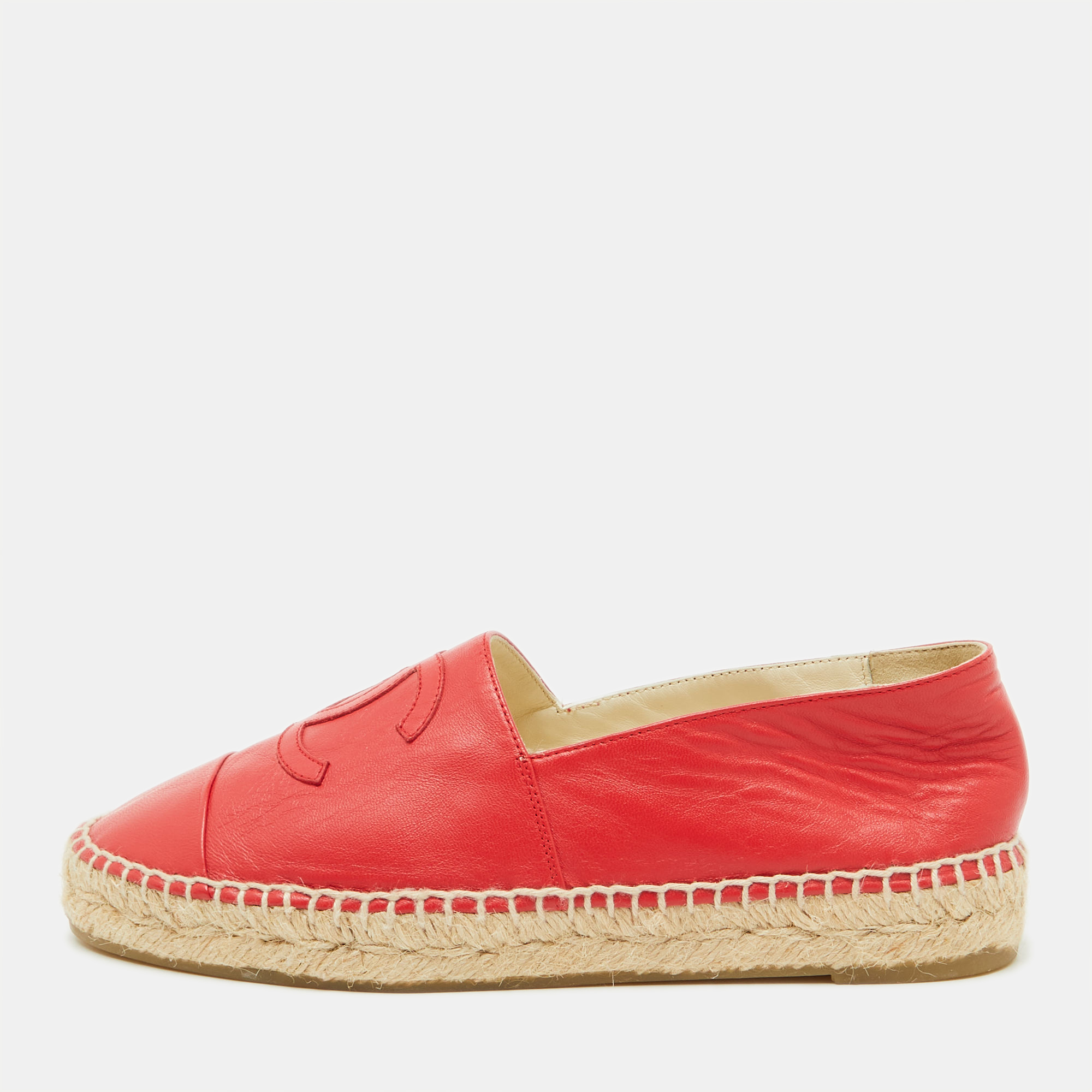 

Chanel Red Leather CC Cap Toe Espadrille Flats Size