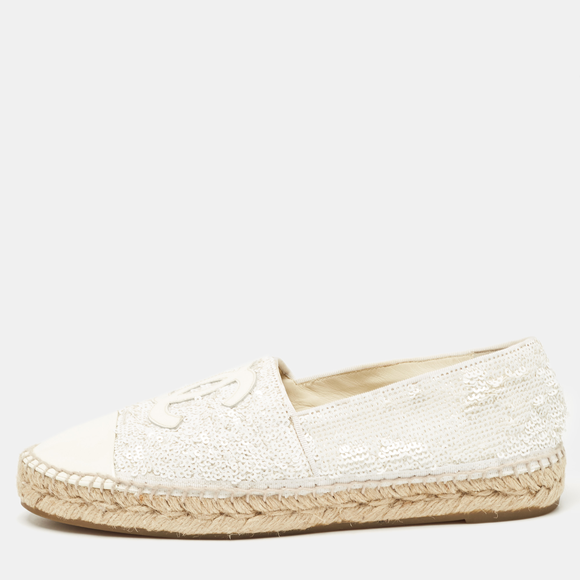 

Chanel White Sequins And Patent Leather CC Cap Toe Espadrille Flats Size