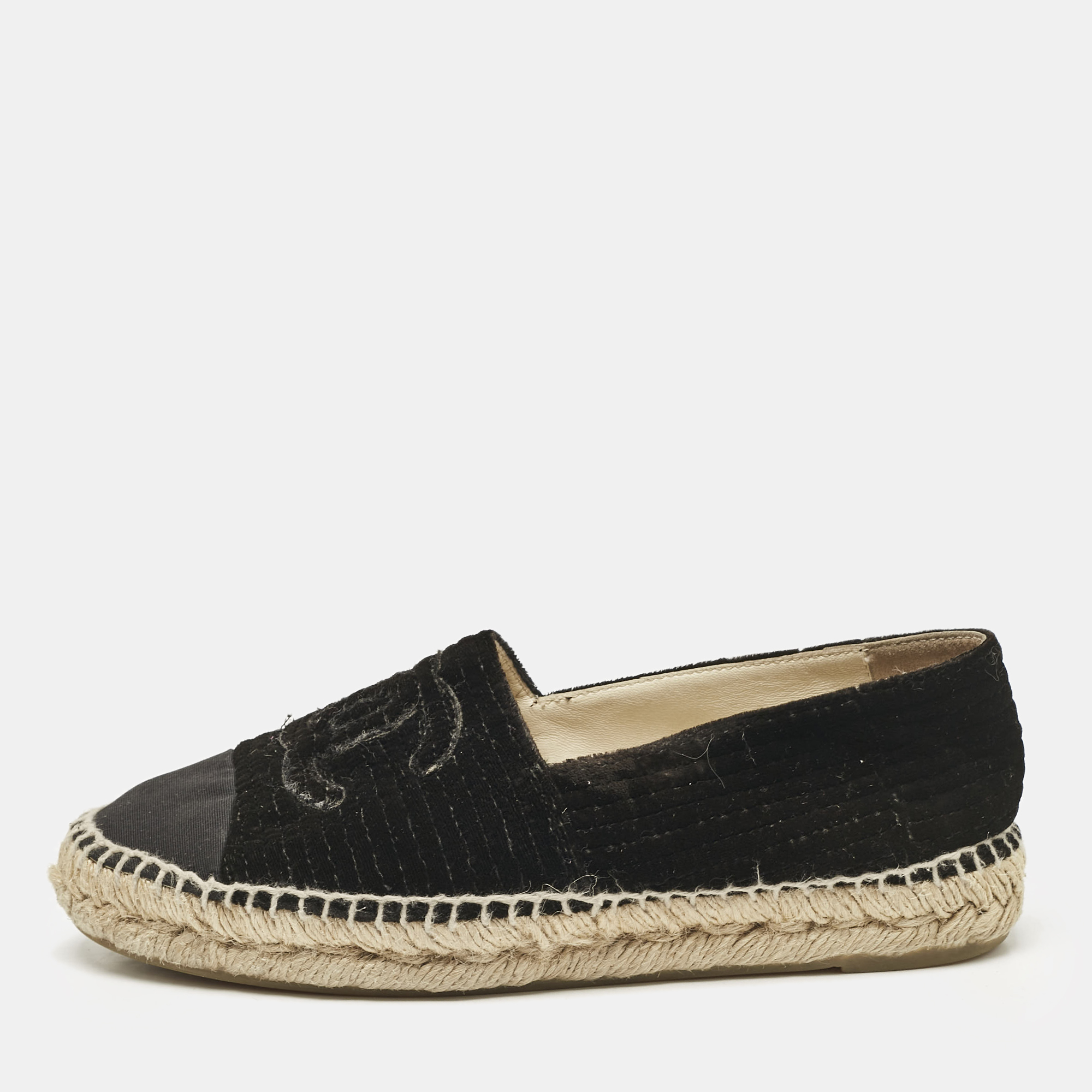 

Chanel Black Velvet and Grosgrain Cap Toe CC Espadrille Flats Size