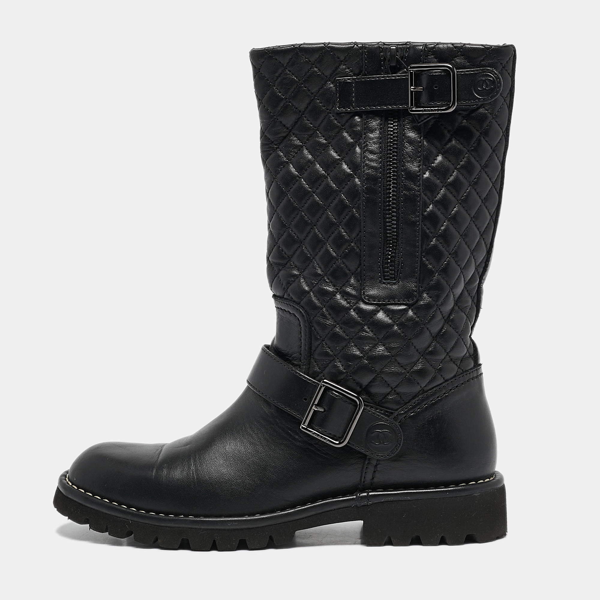 

Chanel Black Quilted Leather Mid Calf Boots Size