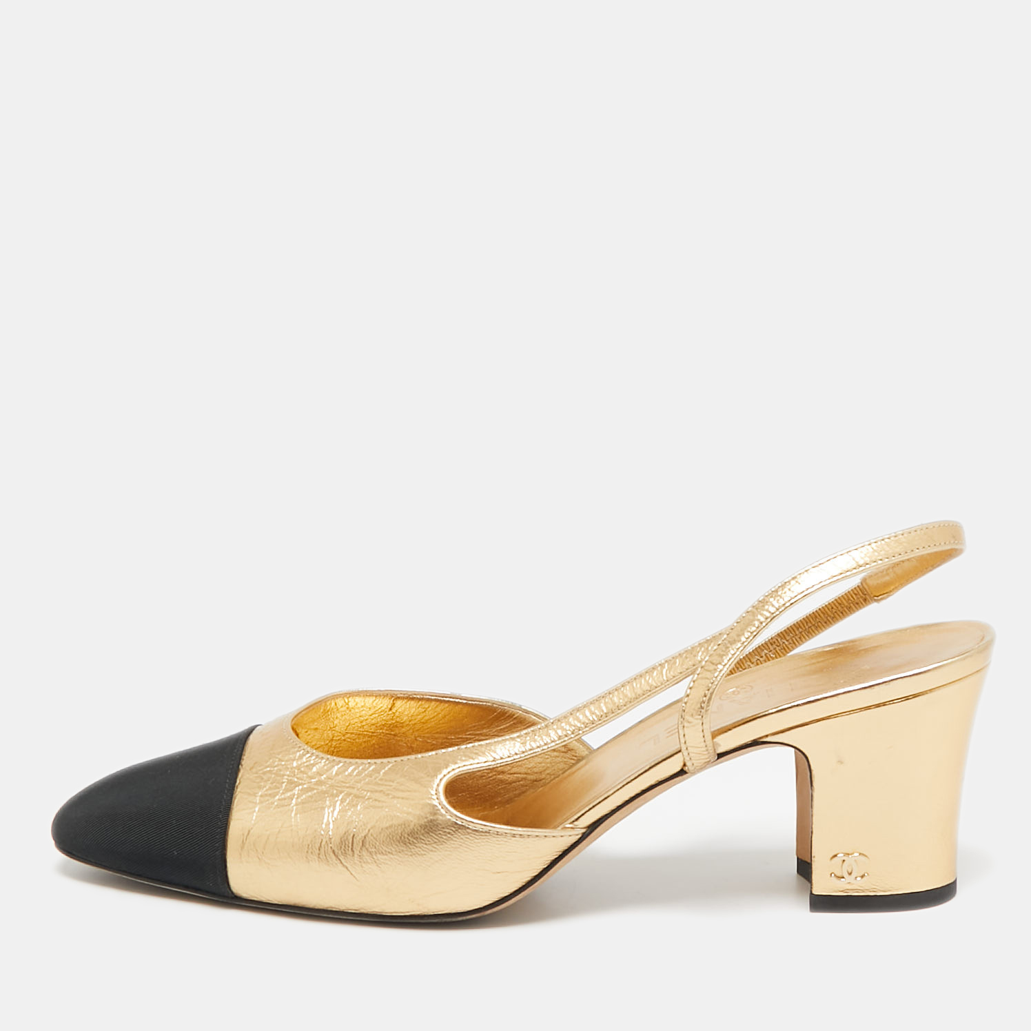 

Chanel Gold/Black Leather and Canvas CC Slingback Pumps Size