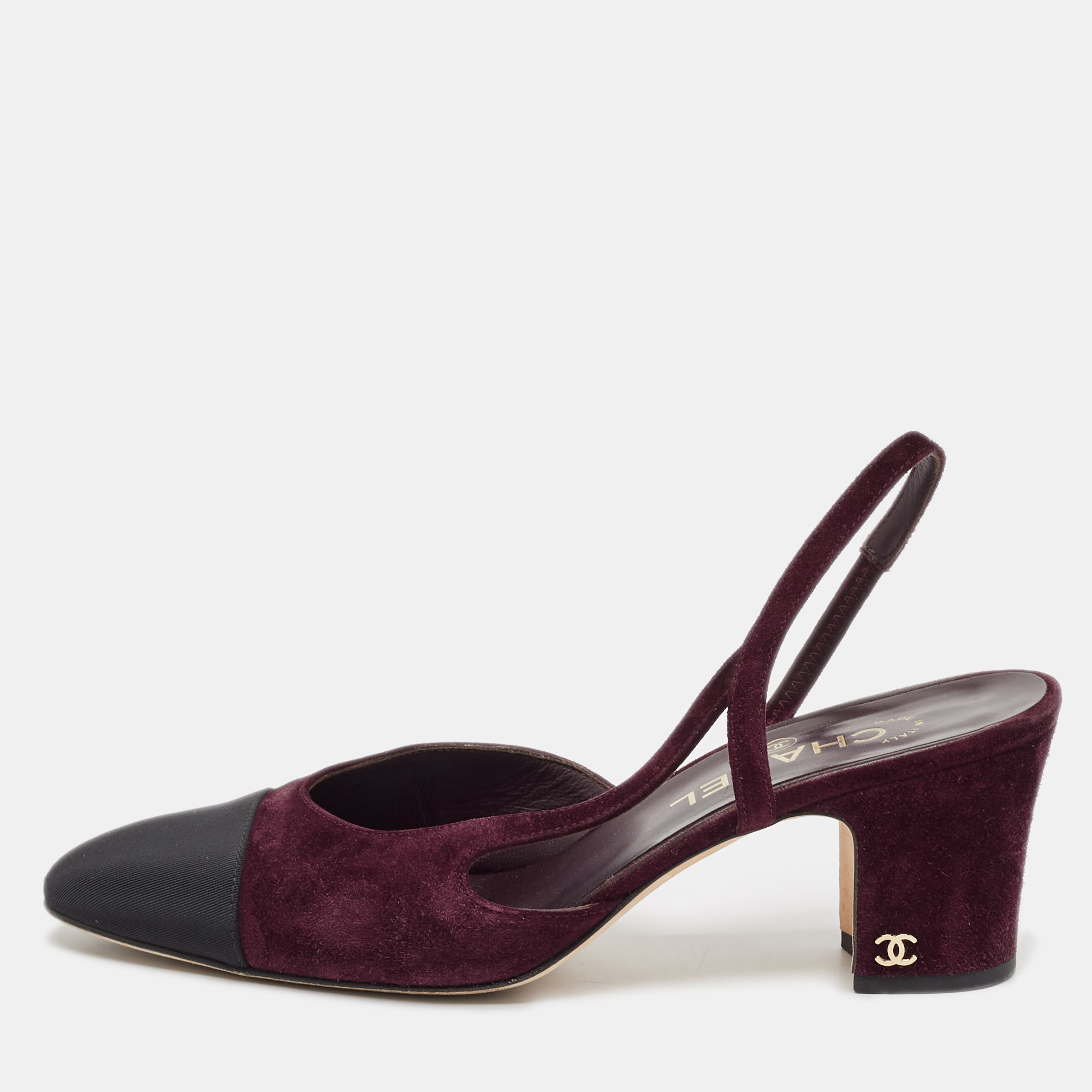 

Chanel Plum/Black Suede and Fabric CC Slingback Pumps Size