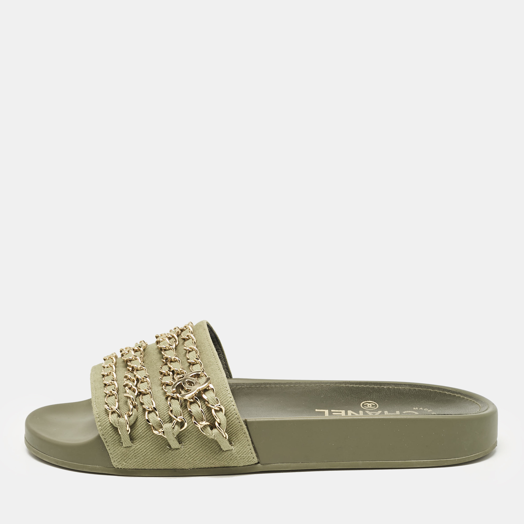 

Chanel Green Canvas Tropiconic Chain Link Flat Slides Size