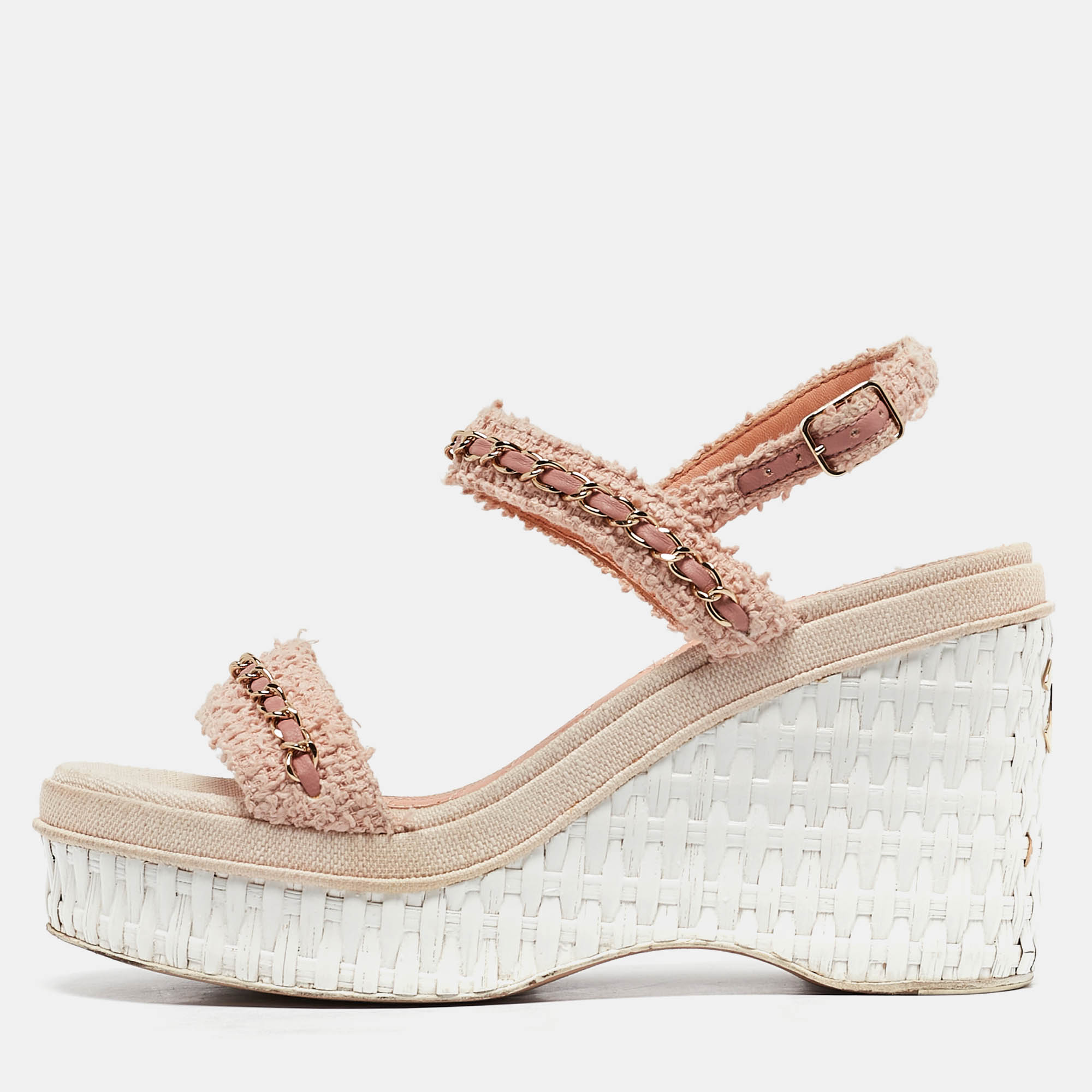 

Chanel Pink Tweed Chain Link Platform Wedge Sandals Size