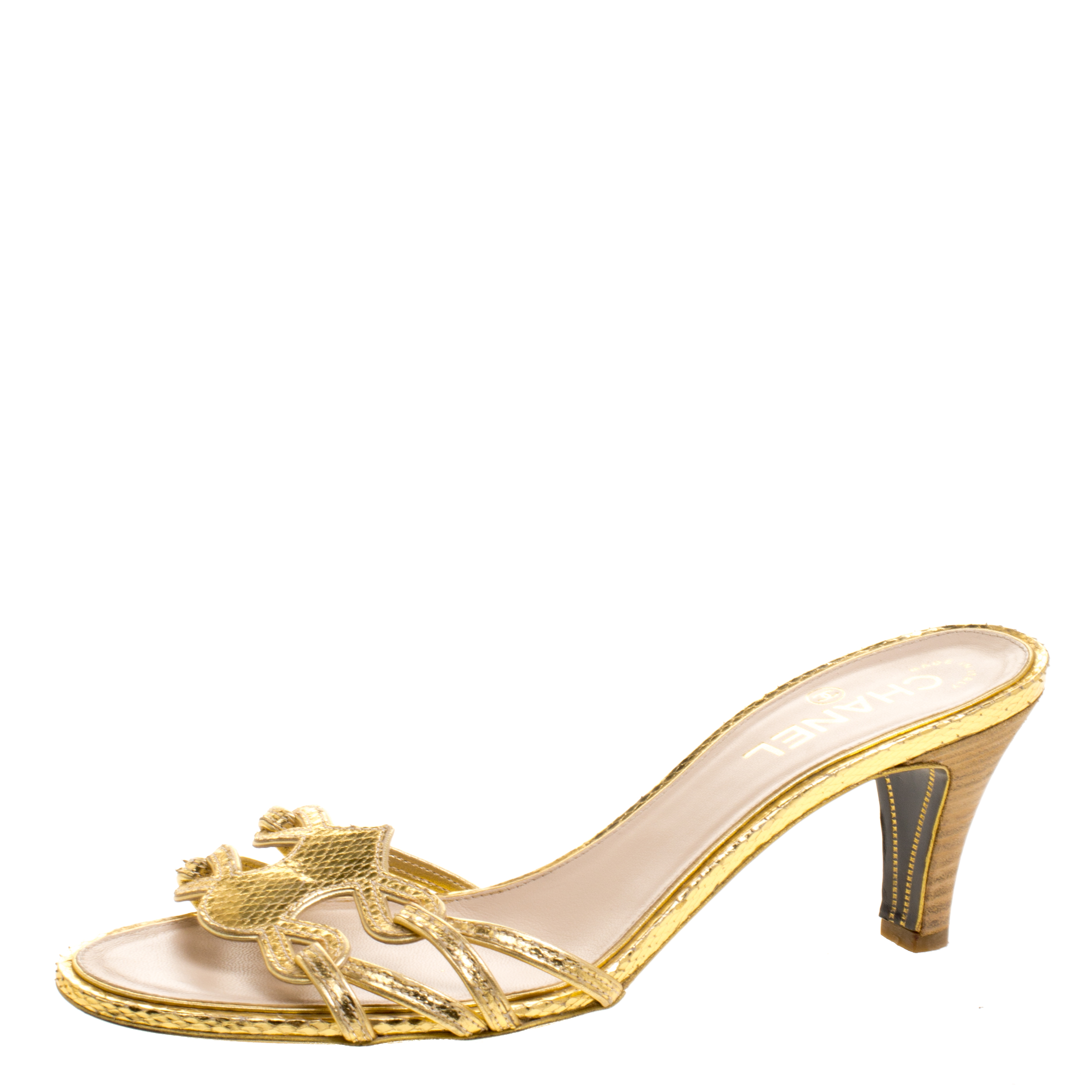 Chanel Gold Metallic Watersnake Slides 