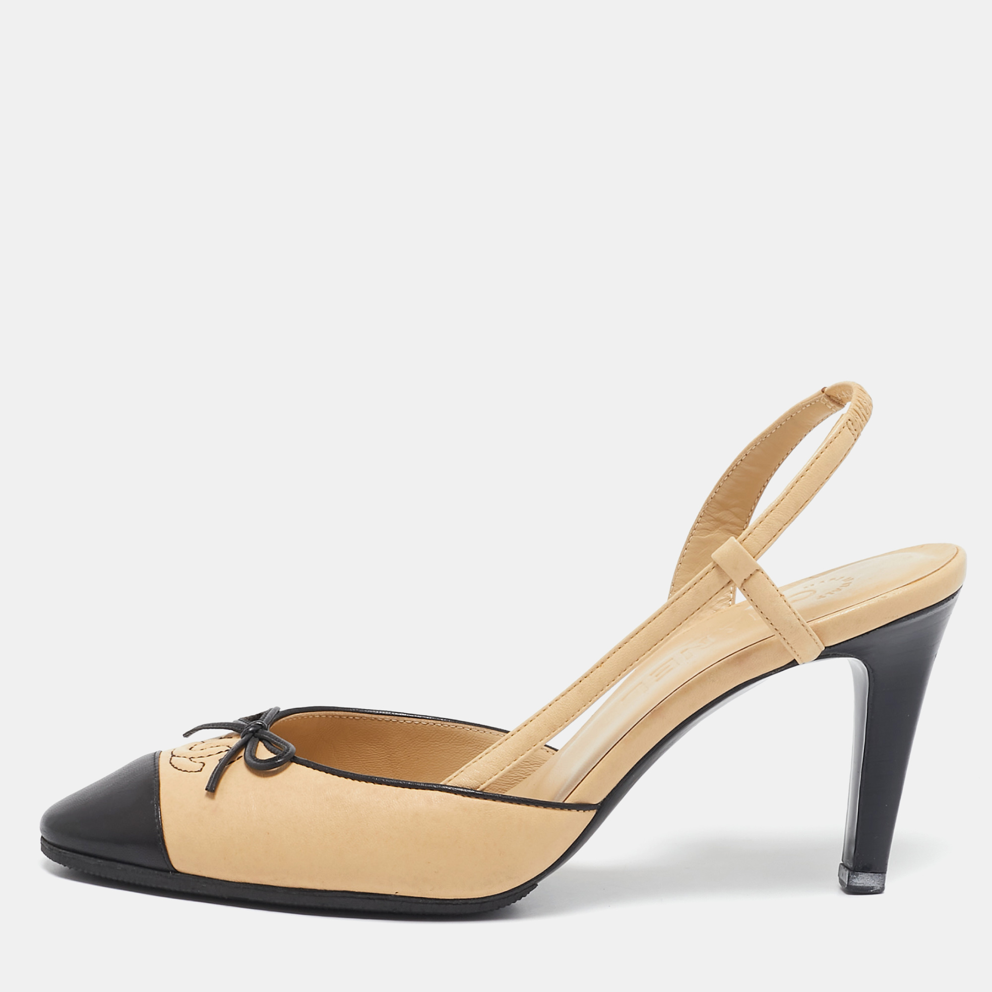 

Chanel Beige/Black Leather Cap Toe CC Bow Slingback Pumps Size