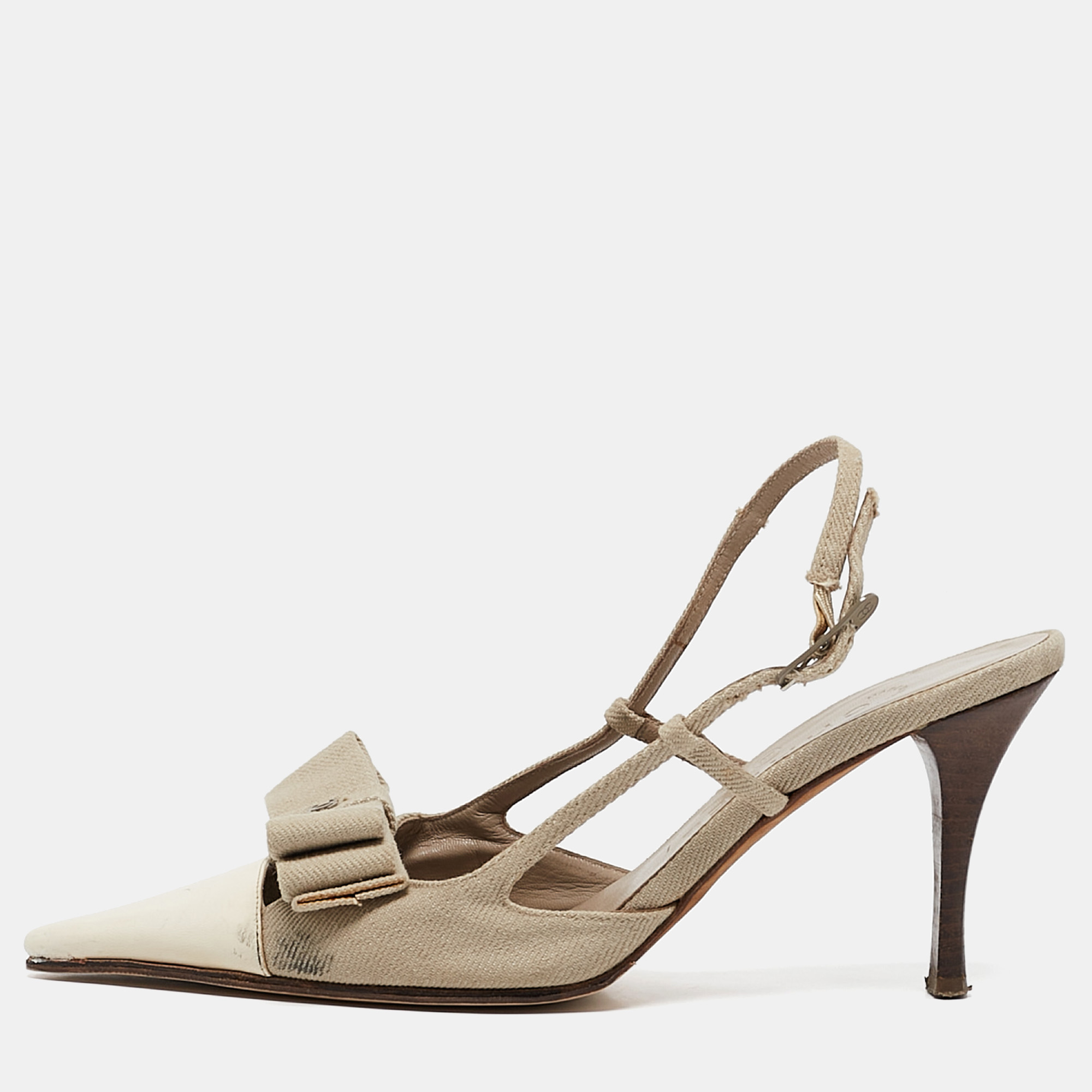 

Chanel White/Grey Canvas and Leather CC Bow Slingback Pumps Size