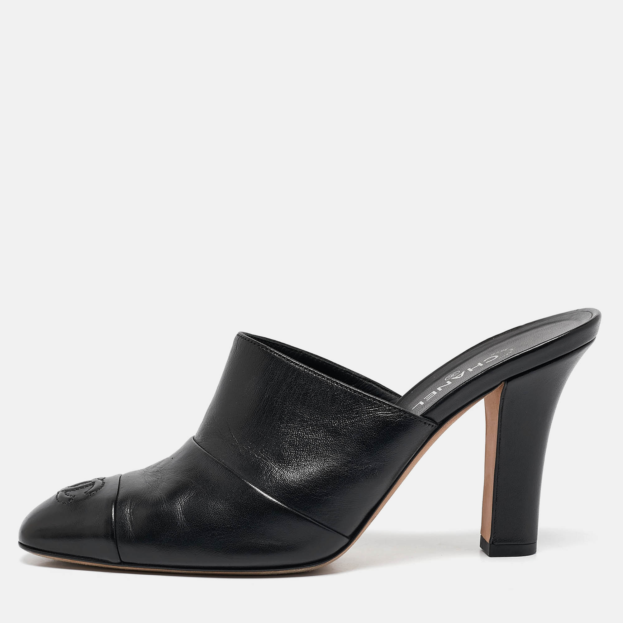 

Chanel Black Leather CC Cap Toe Mule Sandals Size