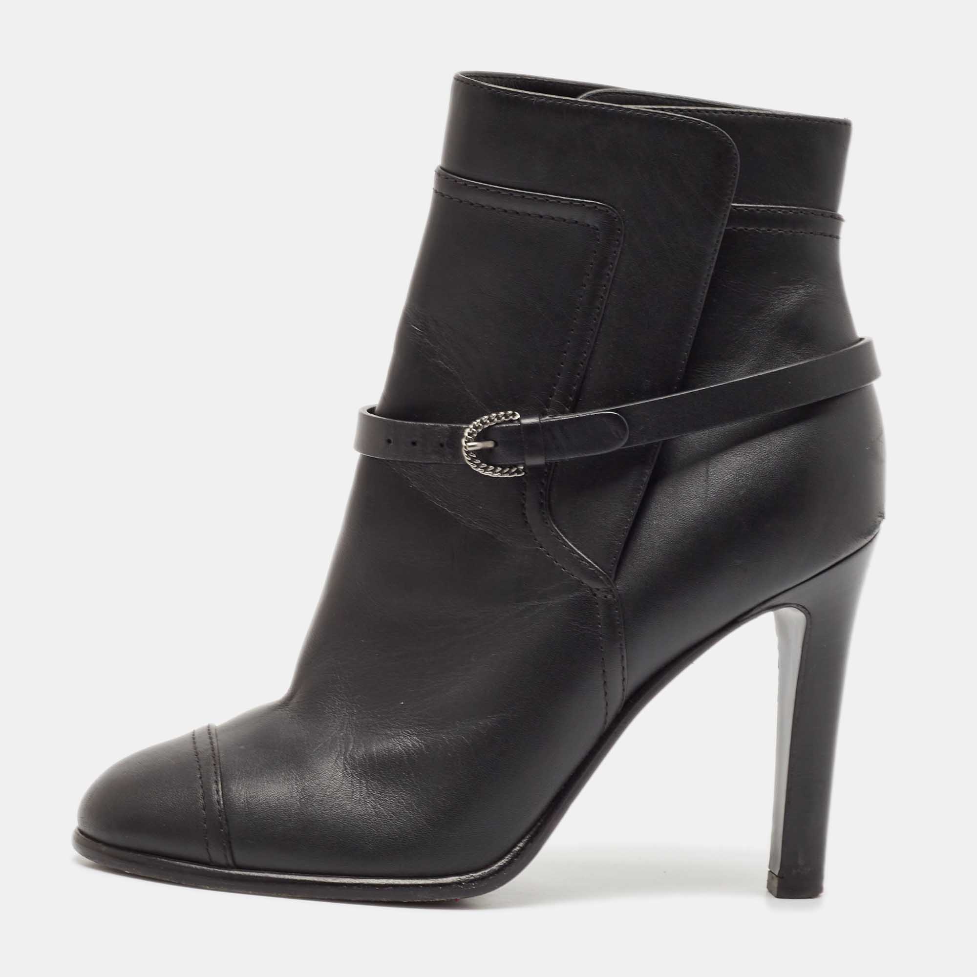 

Chanel Black Leather Cap Toe CC Buckle Detail Ankle Boots Size