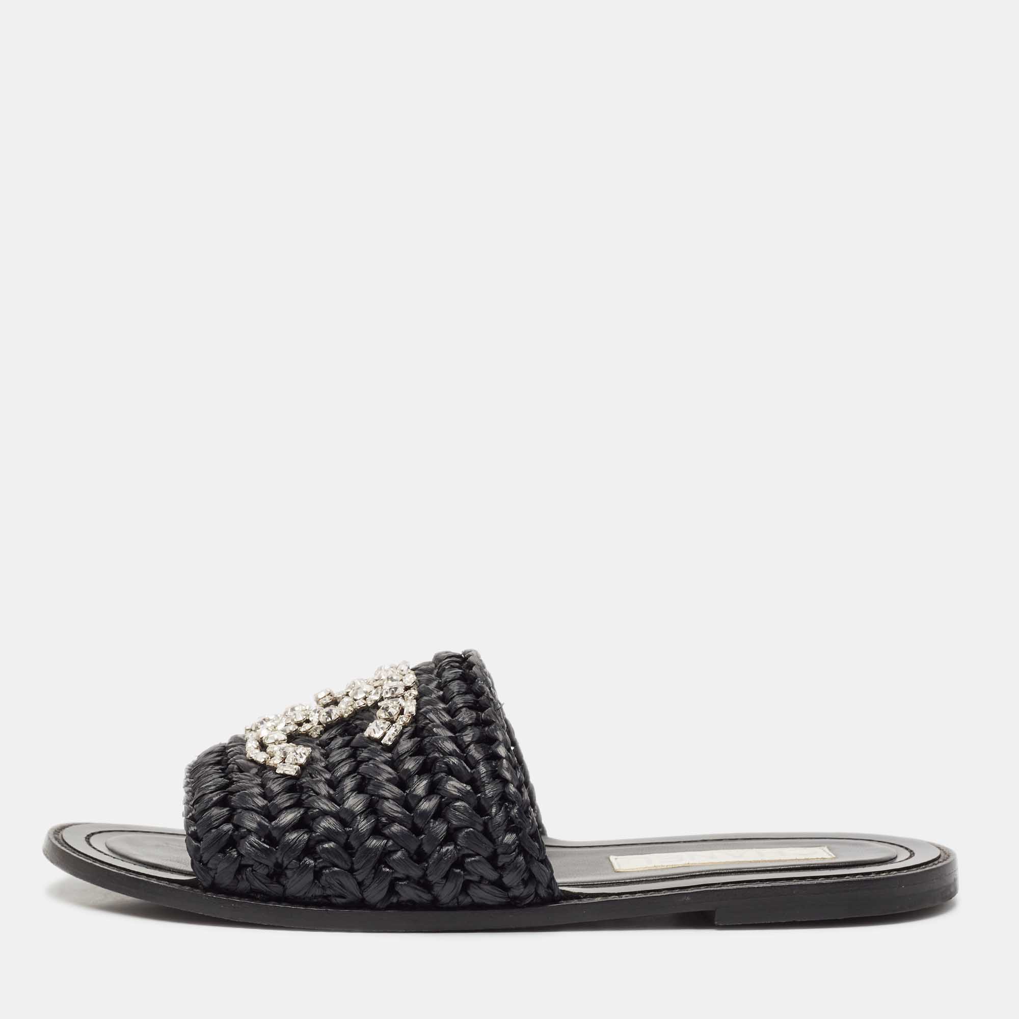 

Chanel Black Braided Raffia Crystal Embellished CC Flat Slides Size