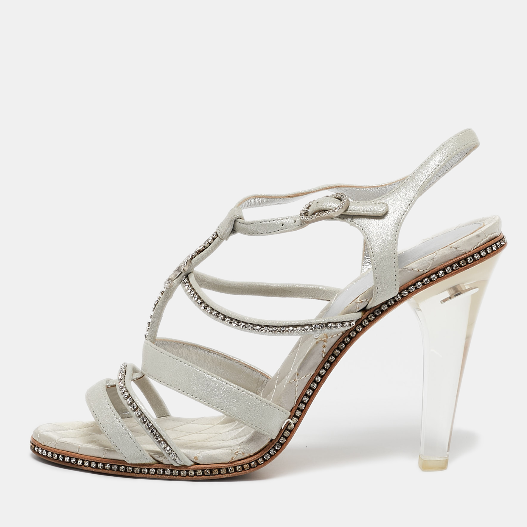 

Chanel Silver Suede Crystal Embellished CC Strappy Sandals Size