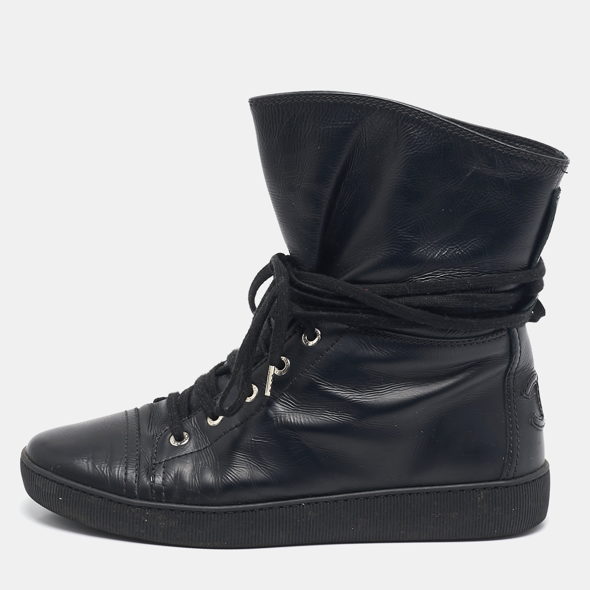 

Chanel Black Leather CC High Top Sneakers Size