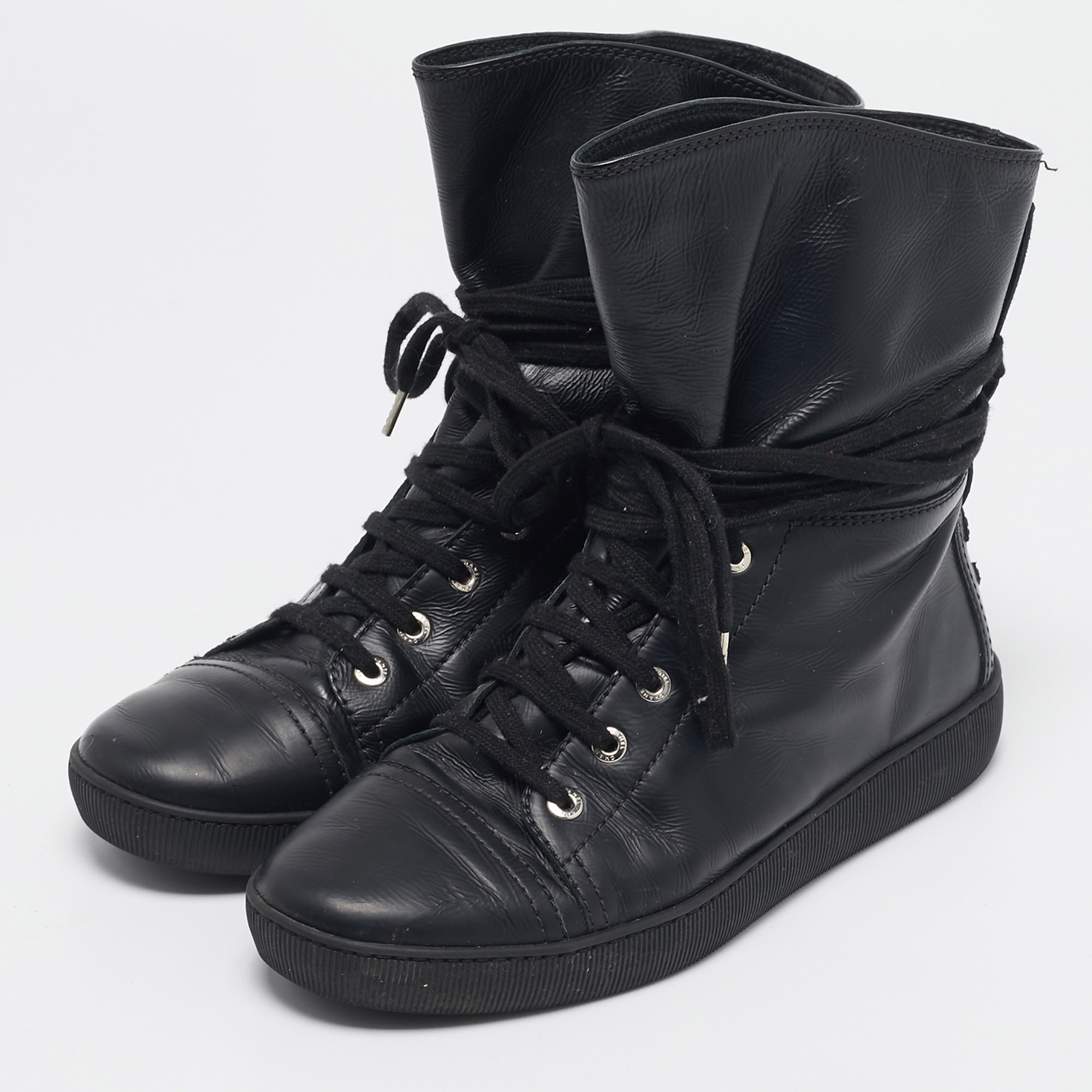 Chanel Black Leather CC High Top Sneakers Size 39.5 