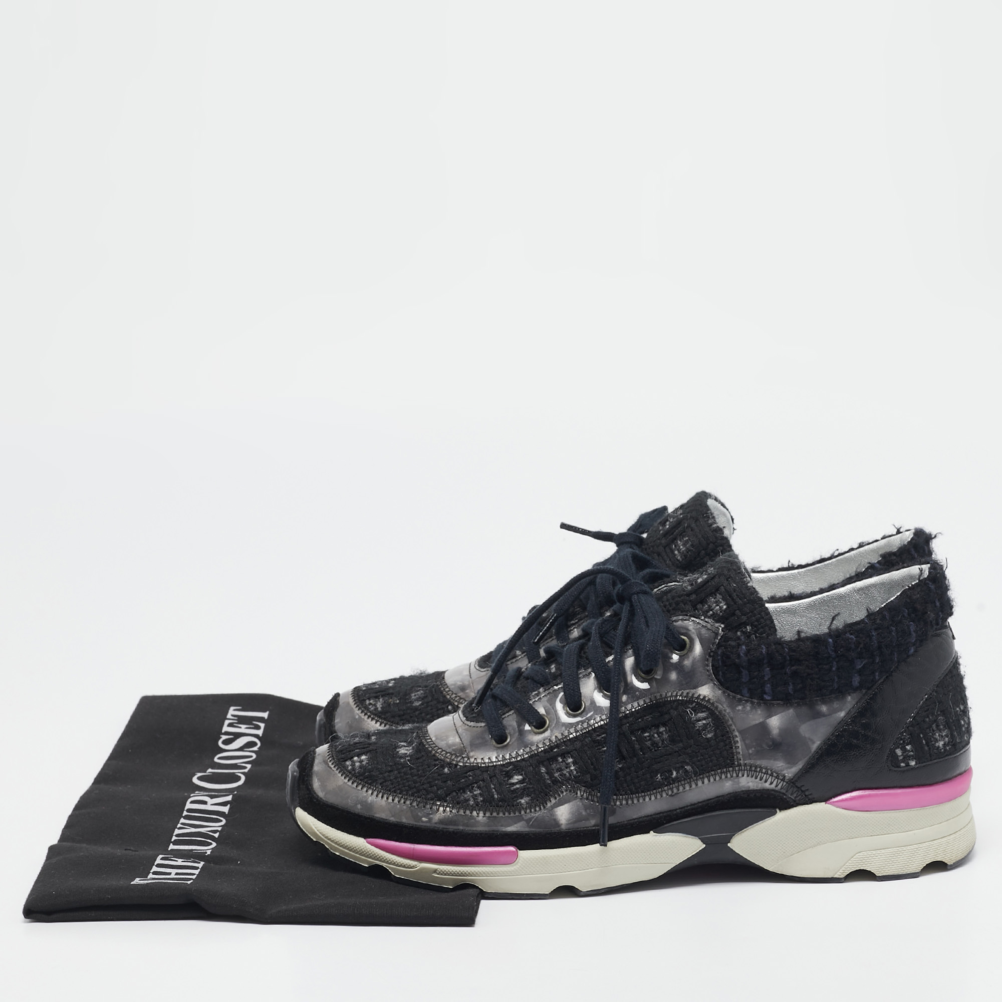 Chanel Black/Grey Tweed and PVC CC Low Top Sneakers Size 38 