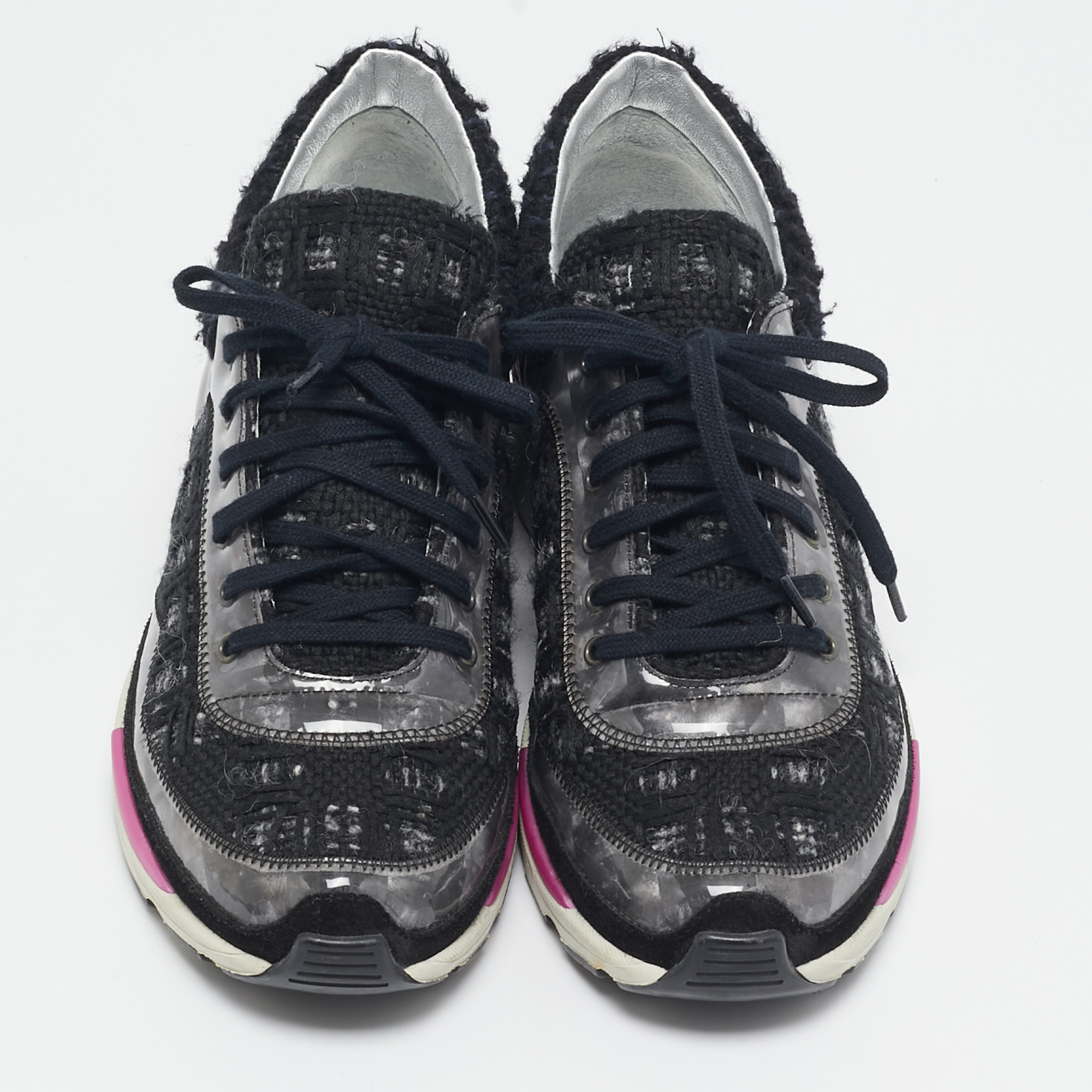 Chanel Black/Grey Tweed and PVC CC Low Top Sneakers Size 38 