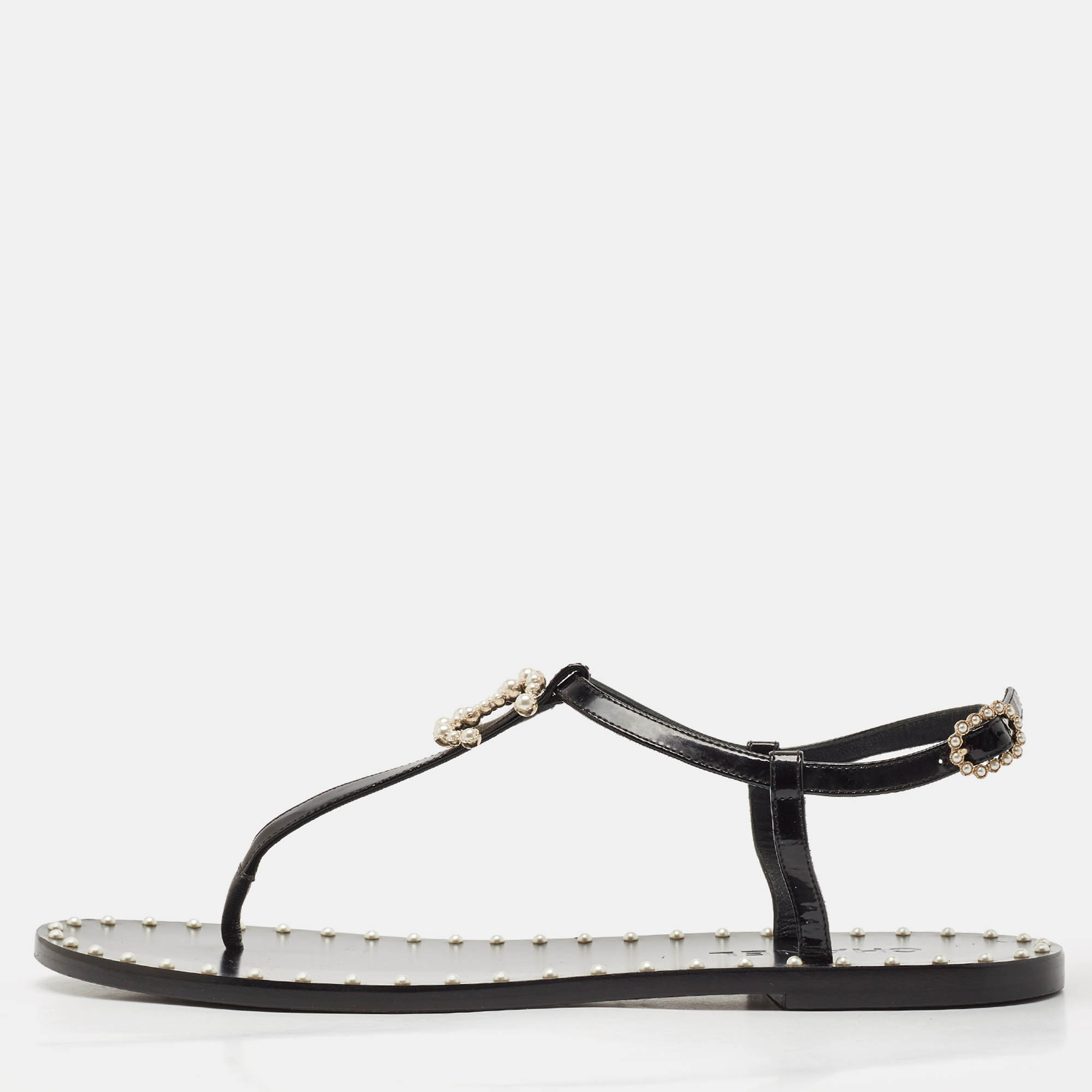 

Chanel Black Patent and Leather CC Pearl Embellished Flat Thong Sandals Size