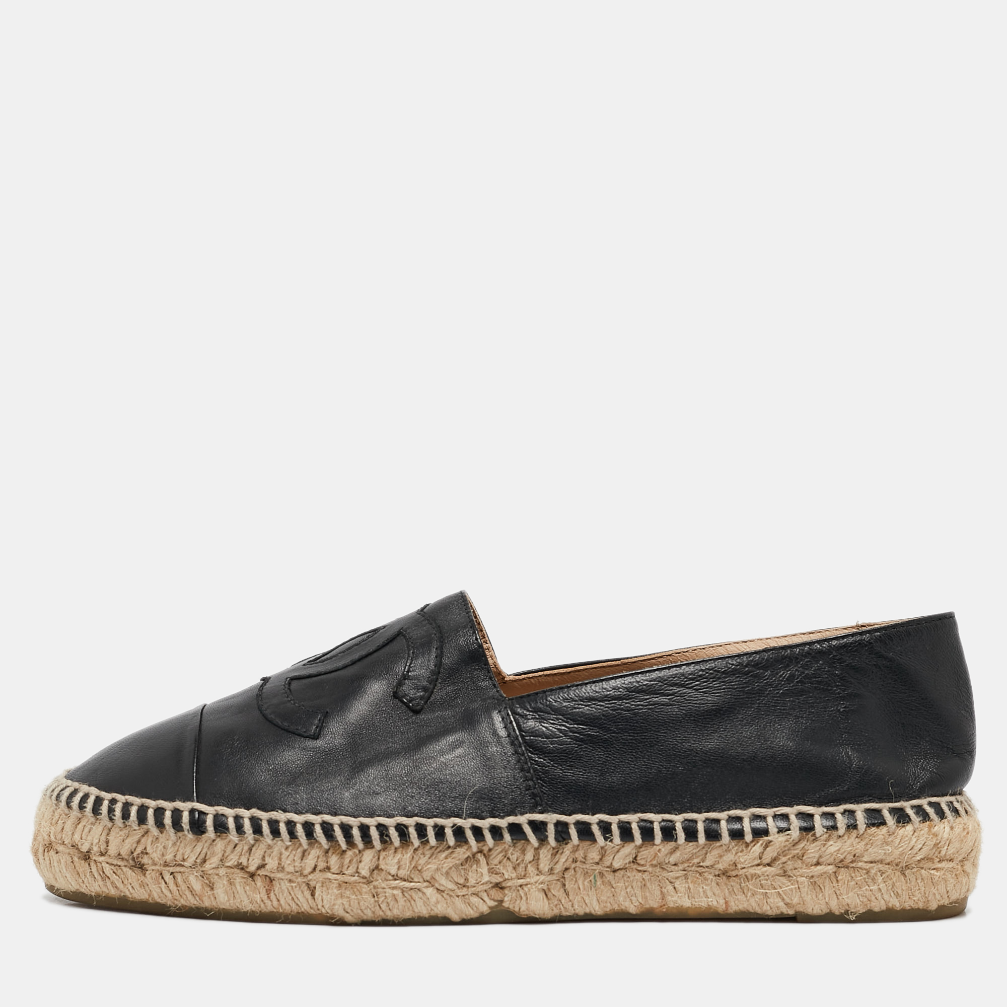 

Chanel Black Leather CC Cap Toe Espadrille Flats Size