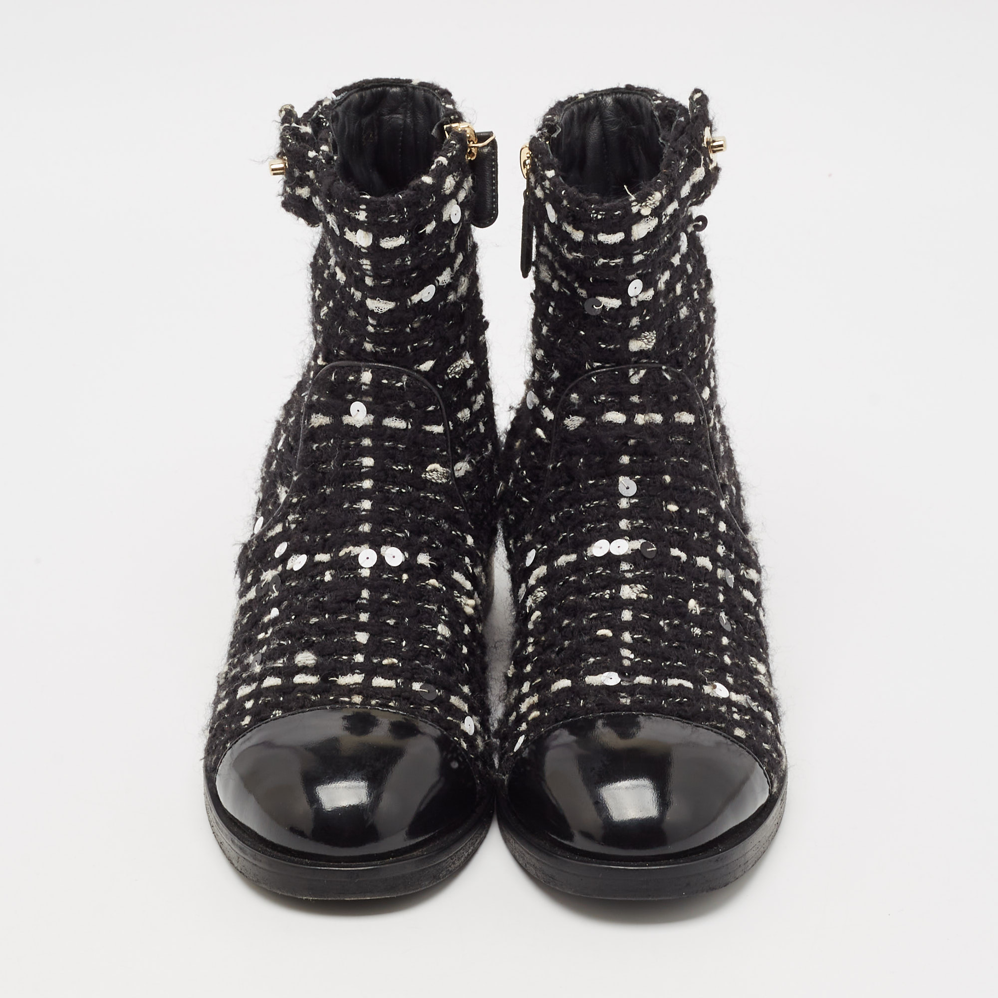 Chanel Multicolor Tweed Fabric And Leather Ankle Combat Boots Size 39 
